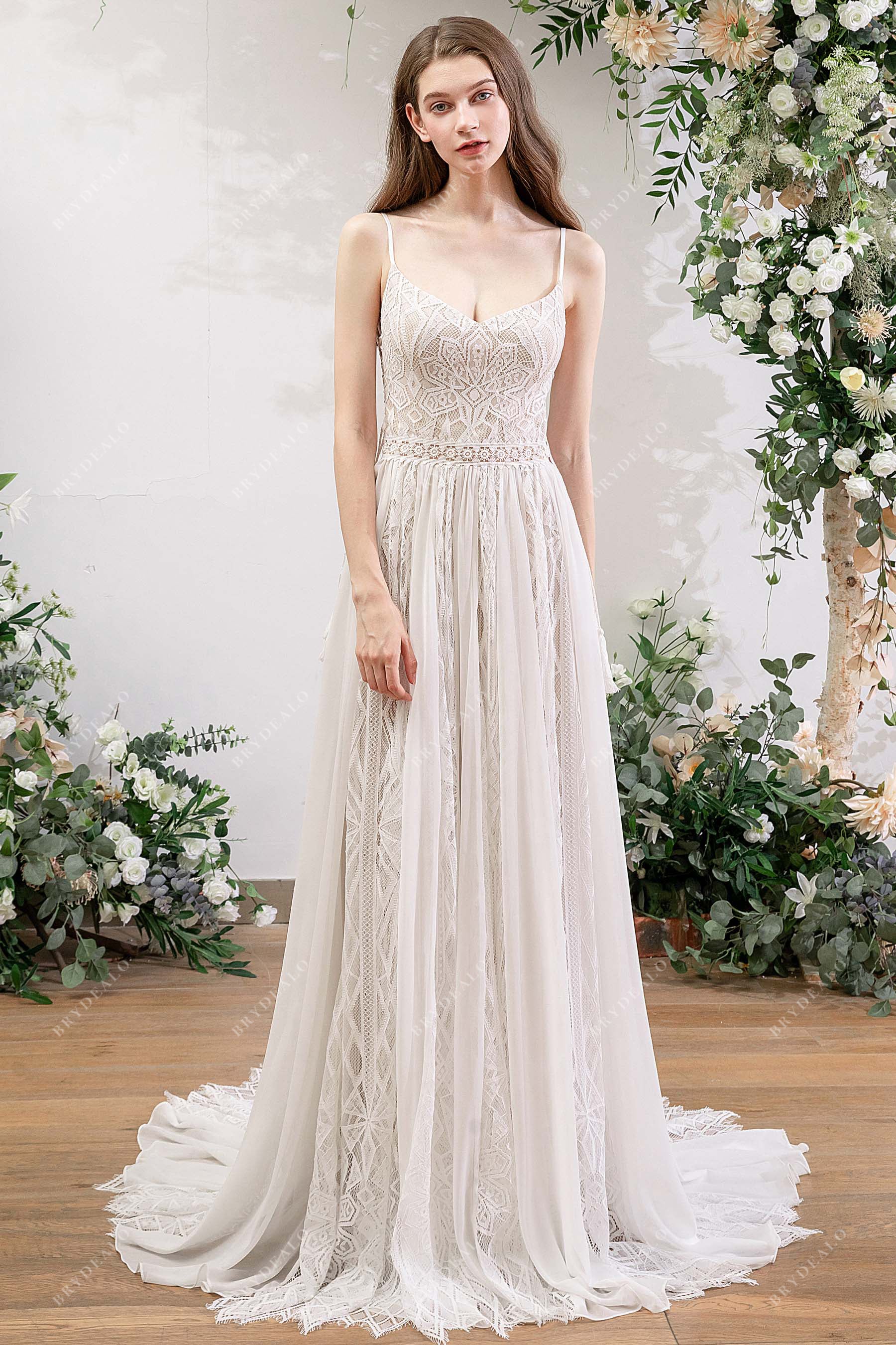 V-neck Spaghetti Straps lace bohemian wedding dress