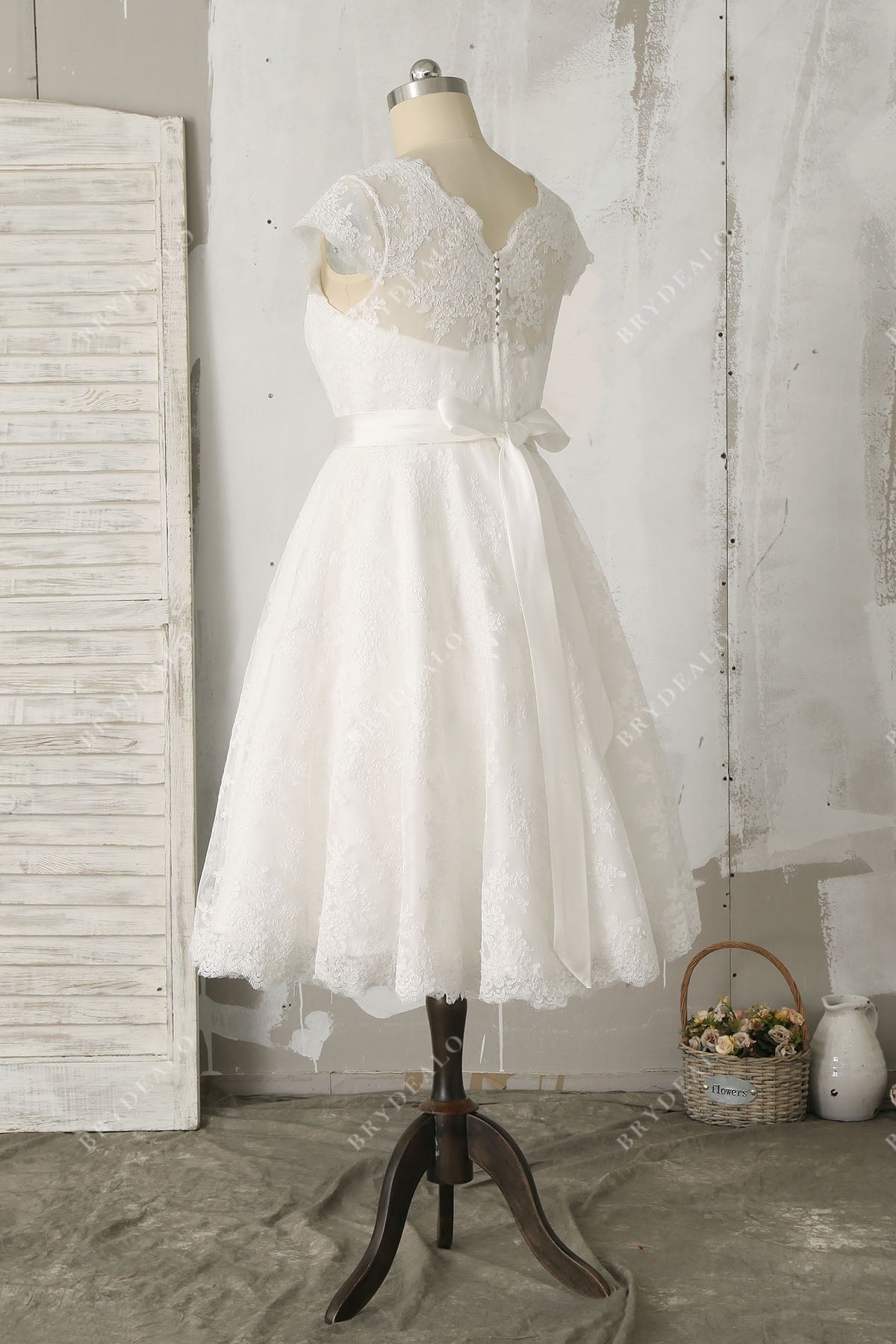 lace cap sleeve illusion tea length Elopement Dress