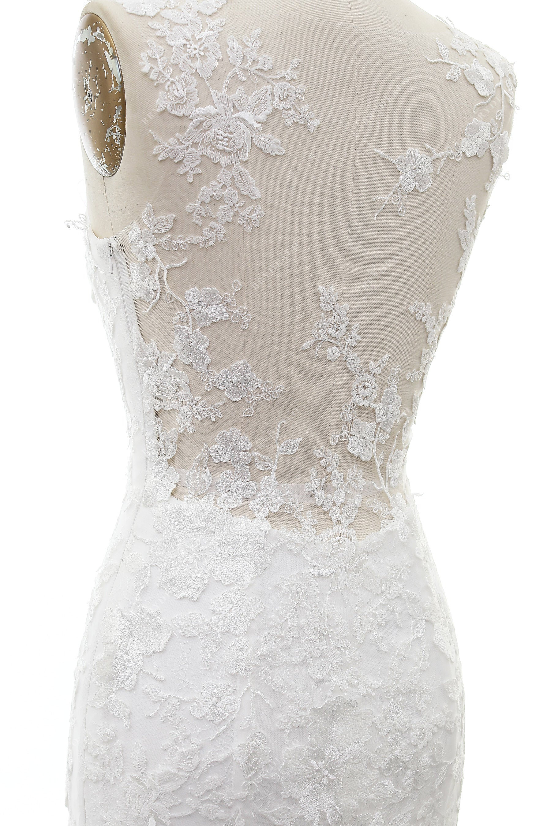 designer lace illusion back bridal gown