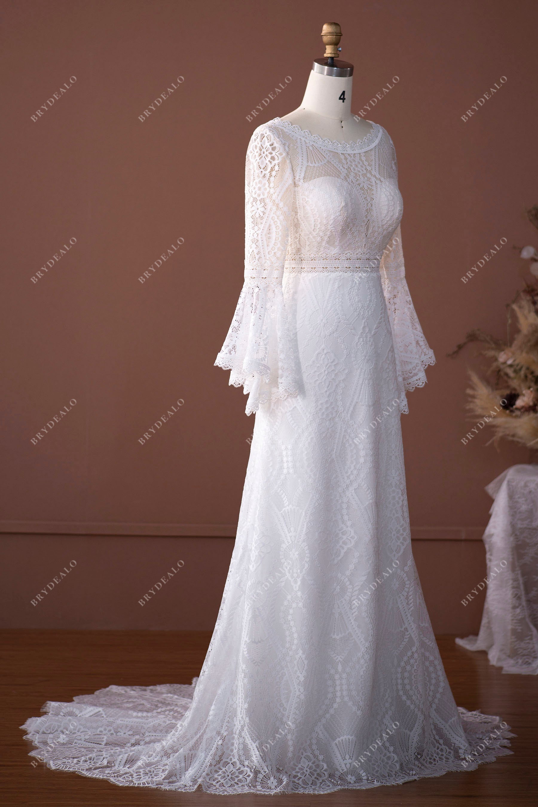 chapel train boho flutter sleeves bridal gown