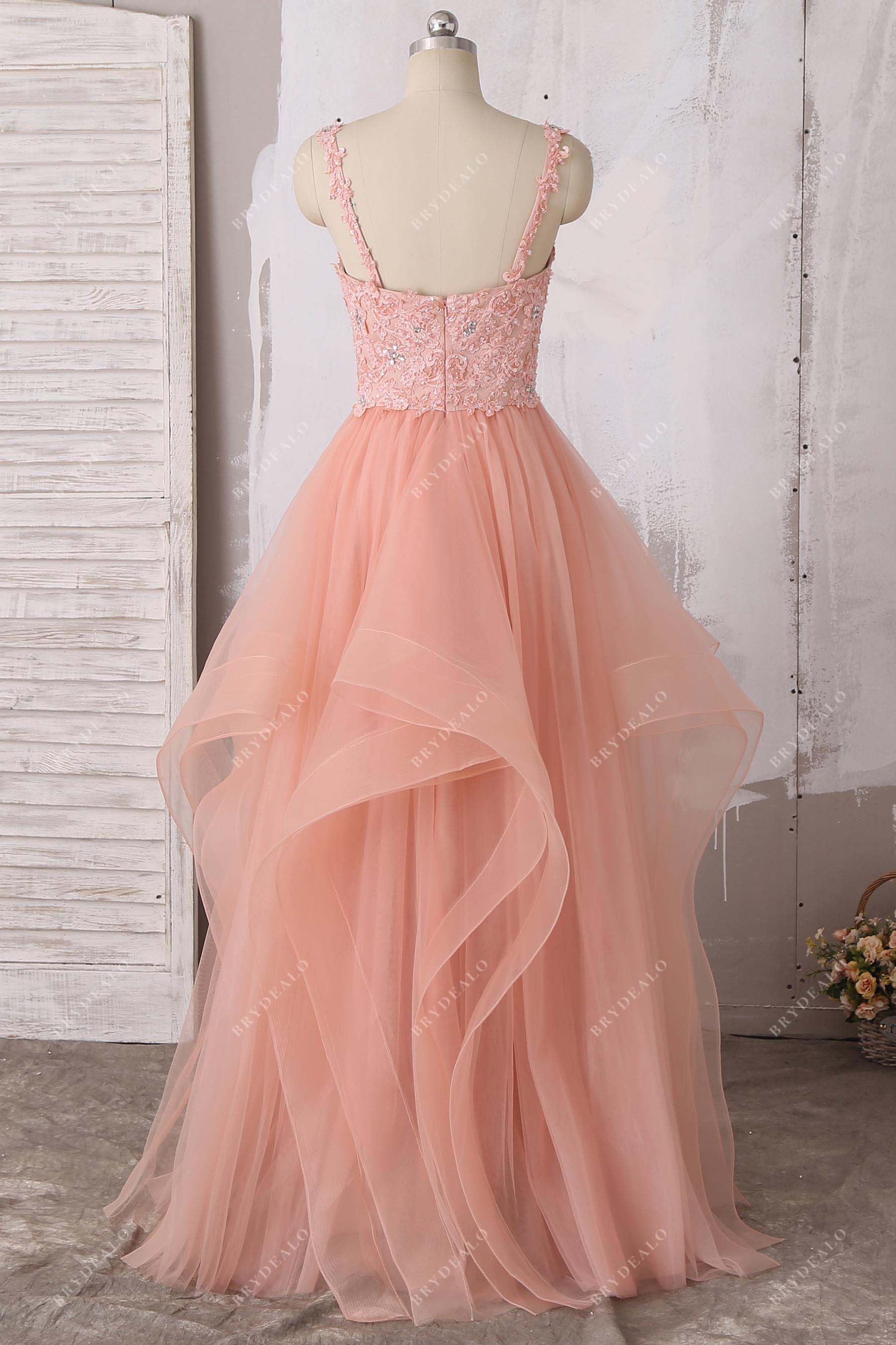 amazing lace straps ruffled tulle ball gown prom dress