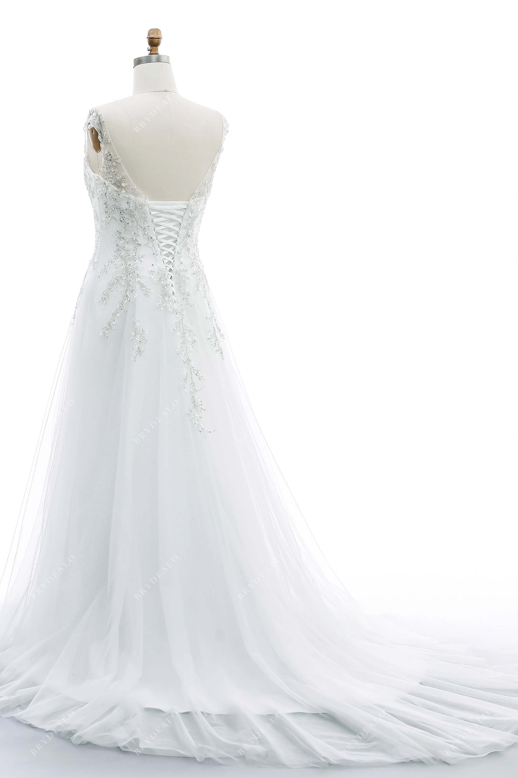 lace-up back chapel train wedding gown