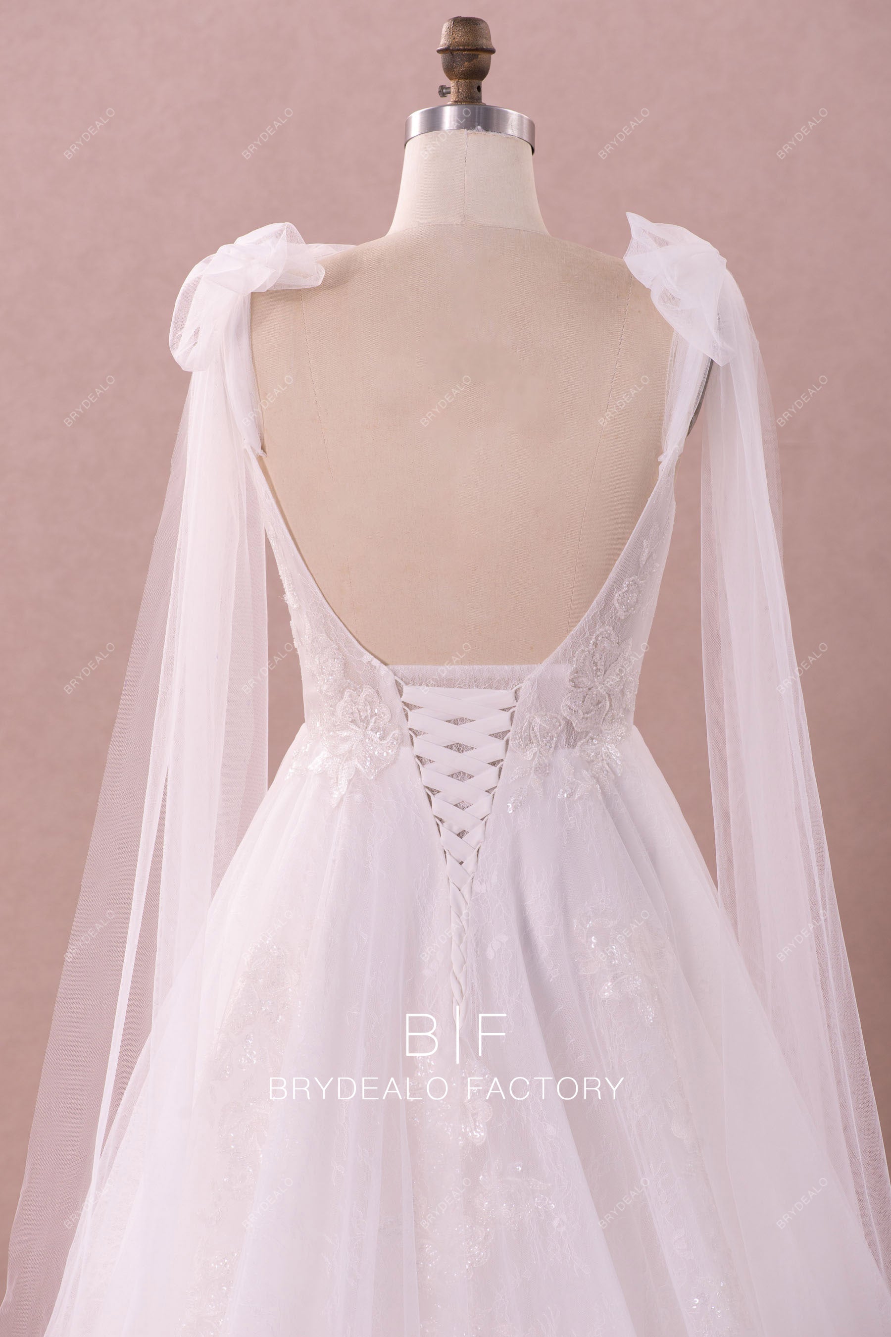 lace up back shoulder veil A-line bridal dress