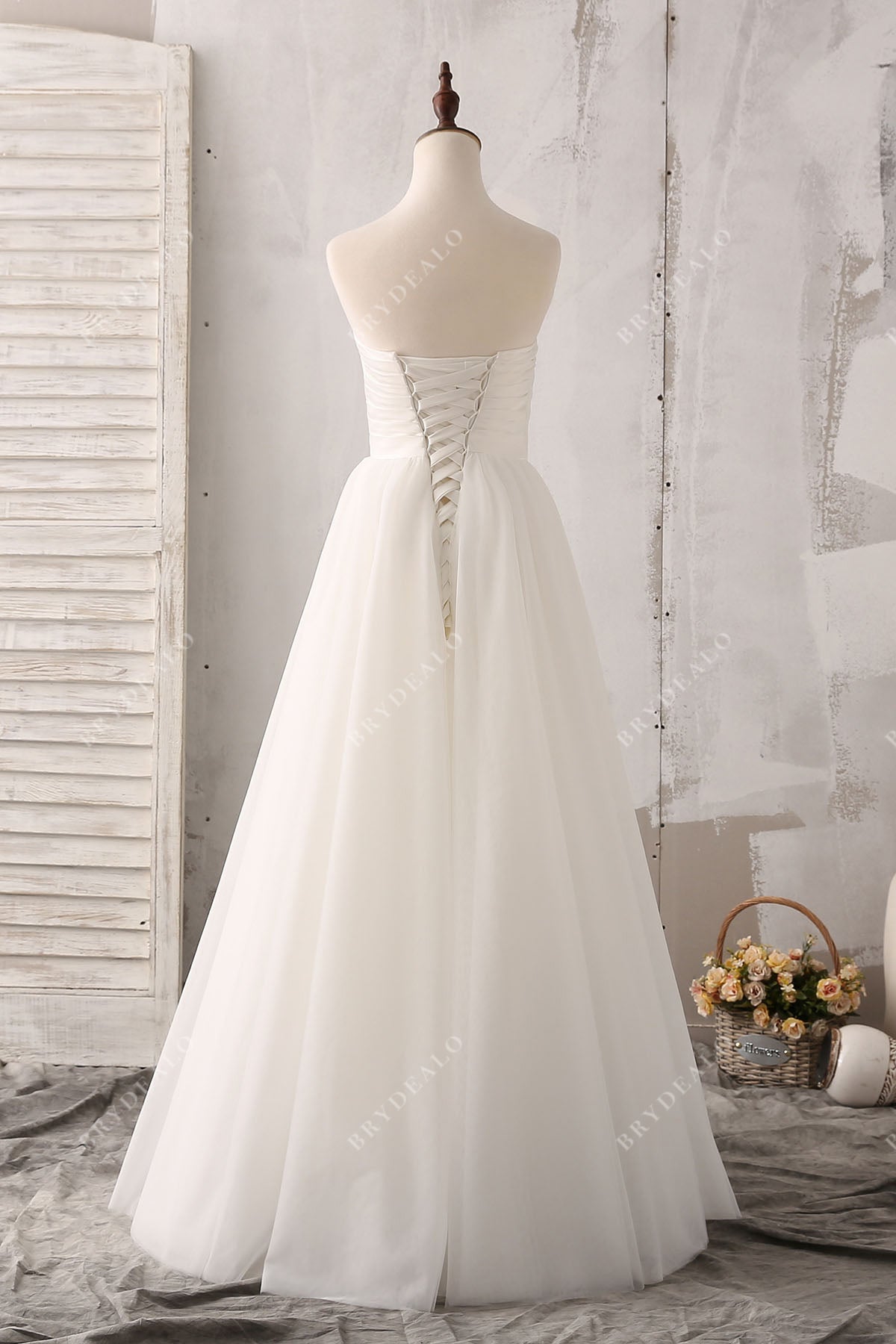 lace-up back strapless satin tulle A-line wedding dress