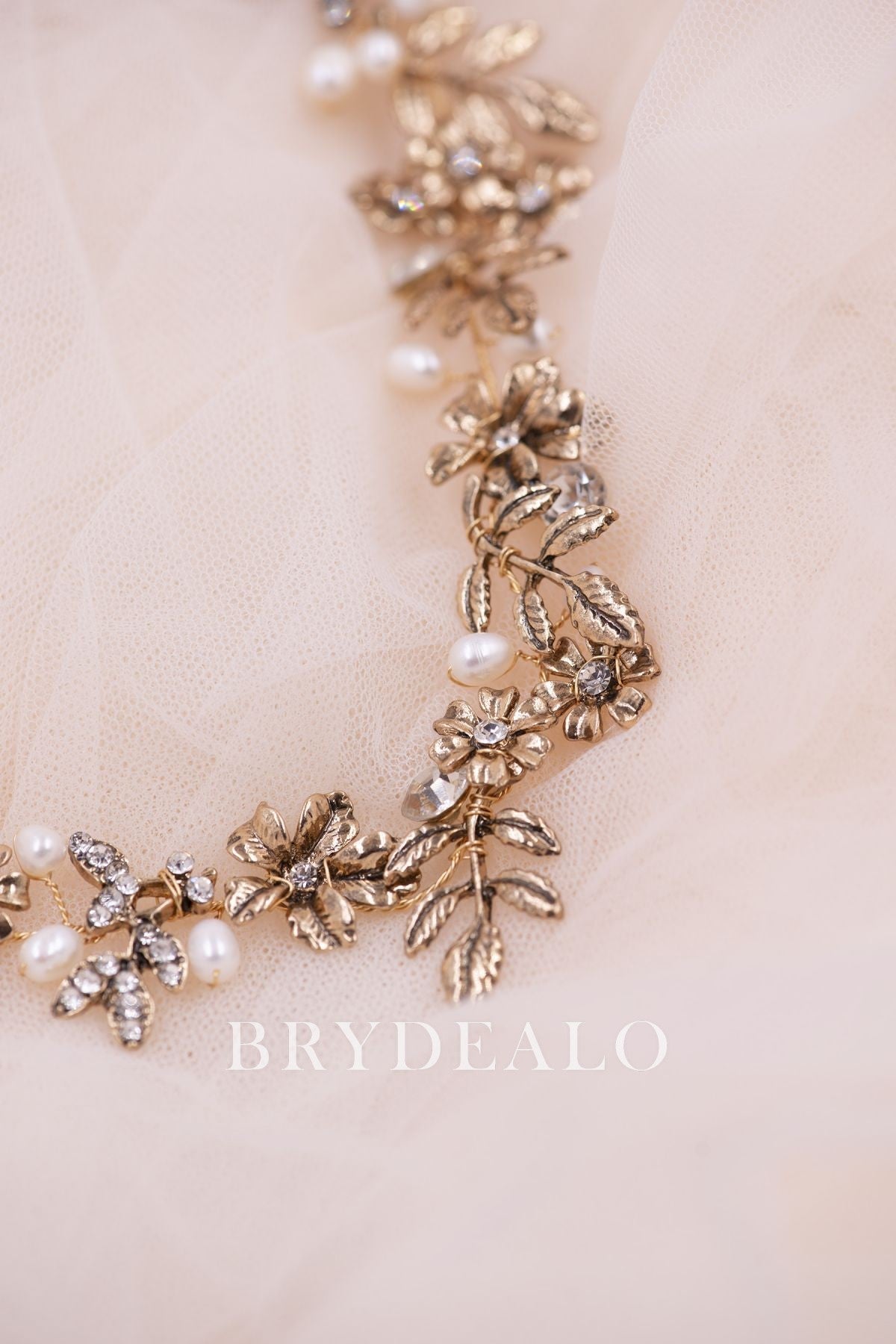 Gold Leaf Pearls Rhinestones Bridal Wire Headband 