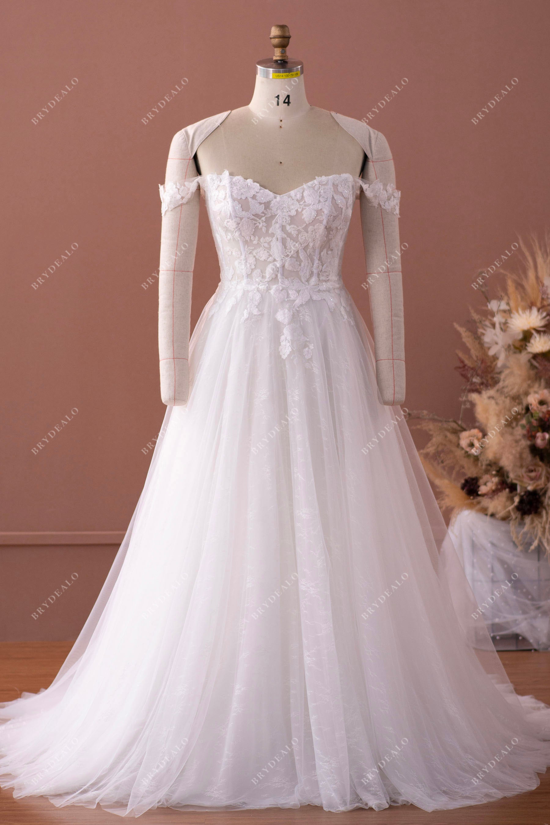 Off Shoulder Illusion Corset Designer Lace A-line Wedding Dress