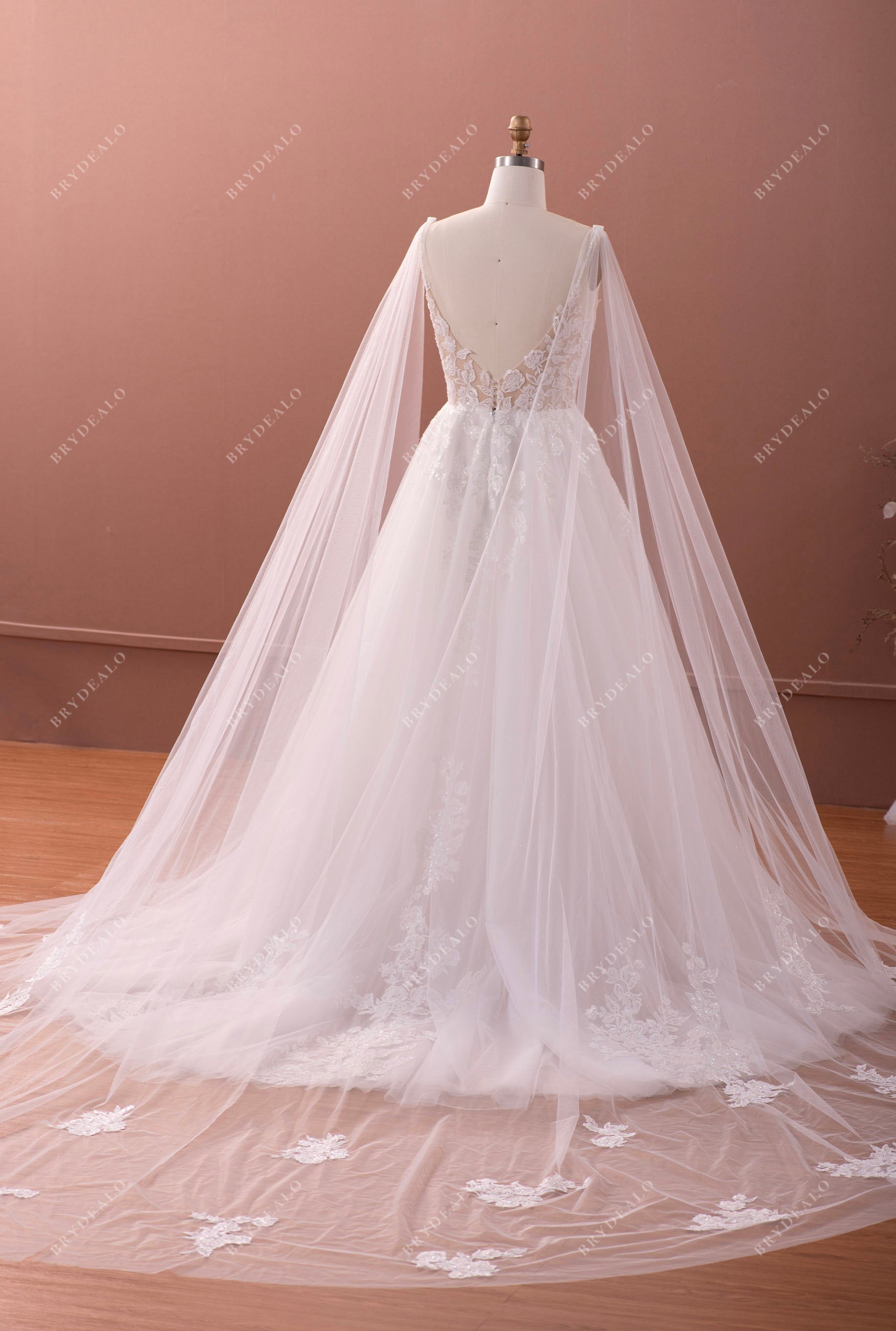 shoulder veil V-back court train country wedding gown