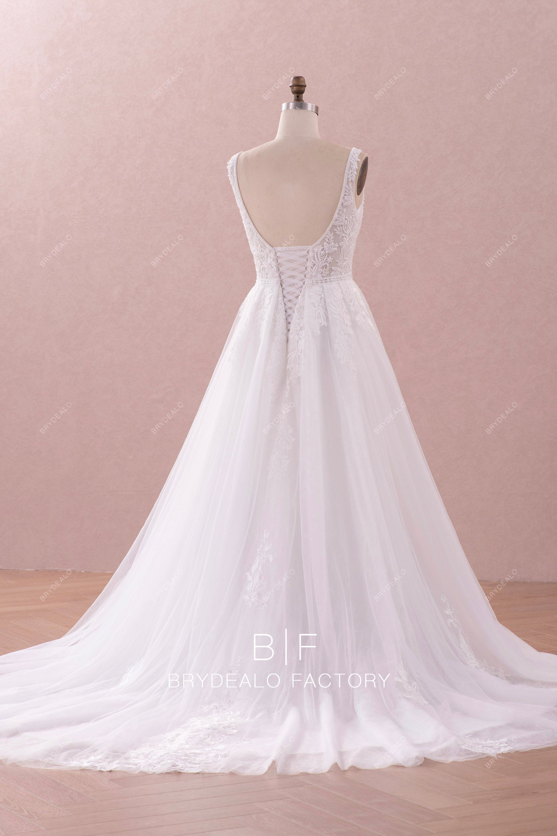 long train open back A-line destination wedding dress
