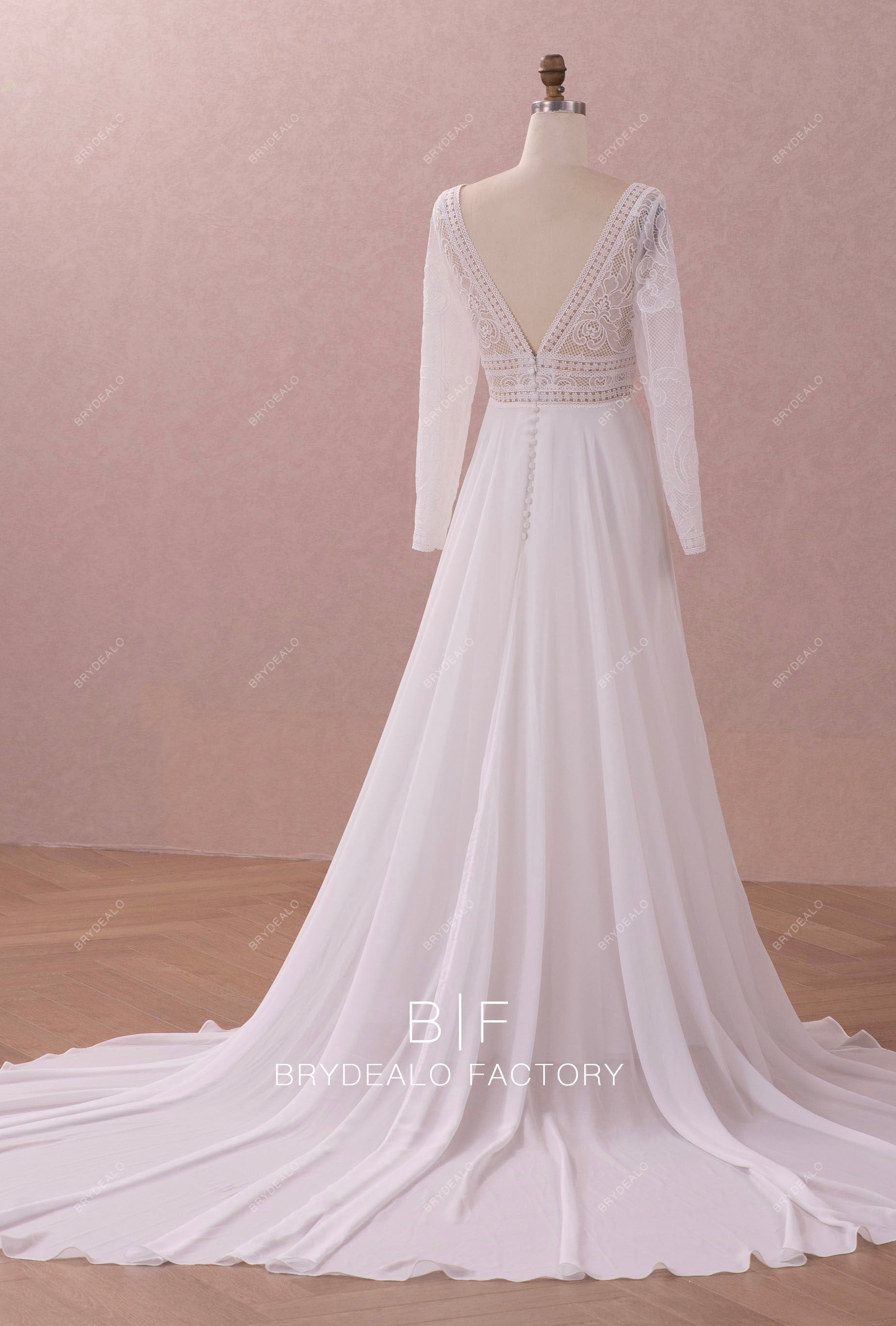 A-line flowy chiffon open back lace wedding dress