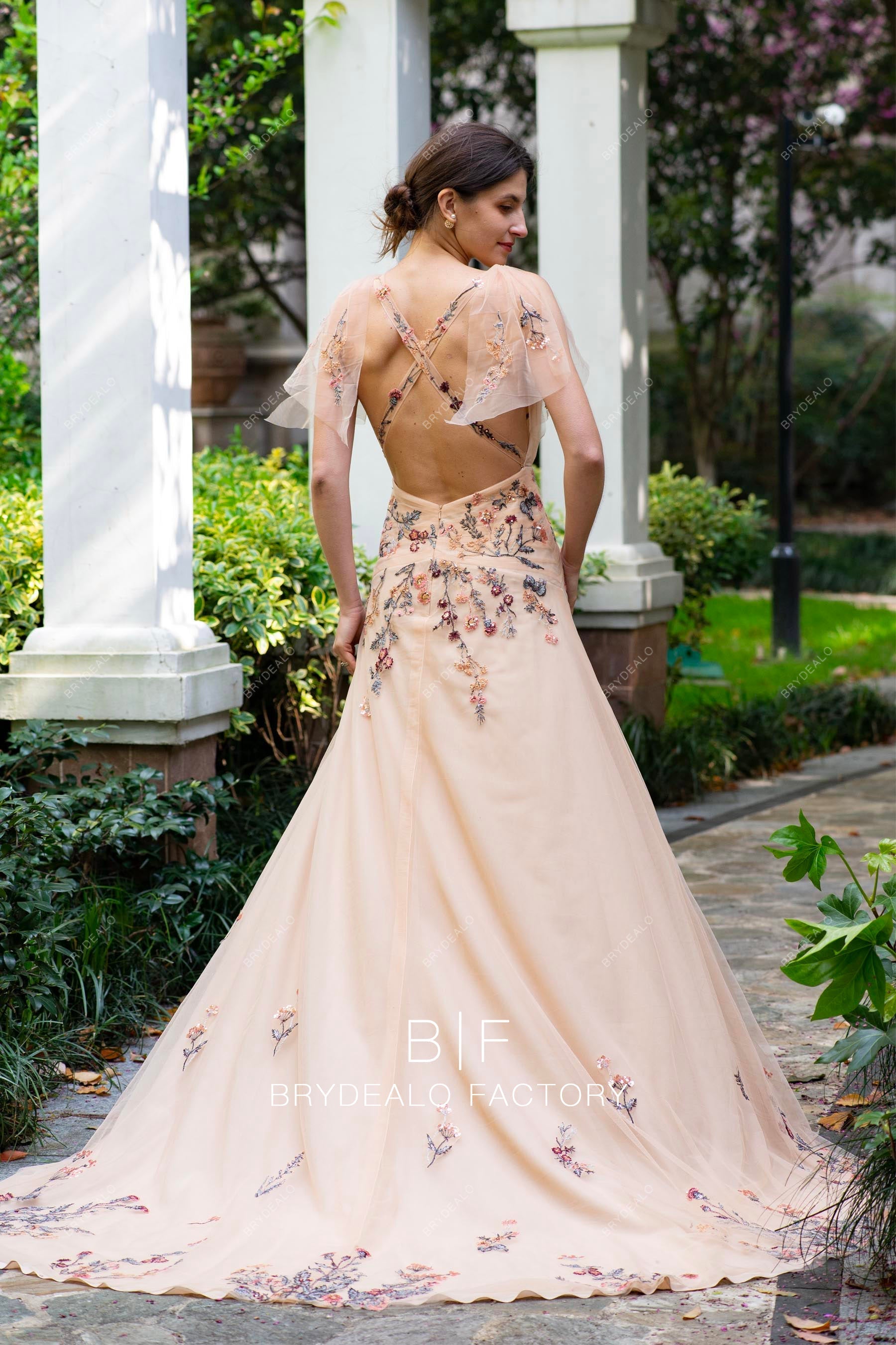 Boho Nude Colored Flower Lace Fit and Flare Spring Fall Wedding Dress Brydealo Boho Nude Colored Flower Lace Fit and Flare Spring Fall Wedding Dress Brydealo