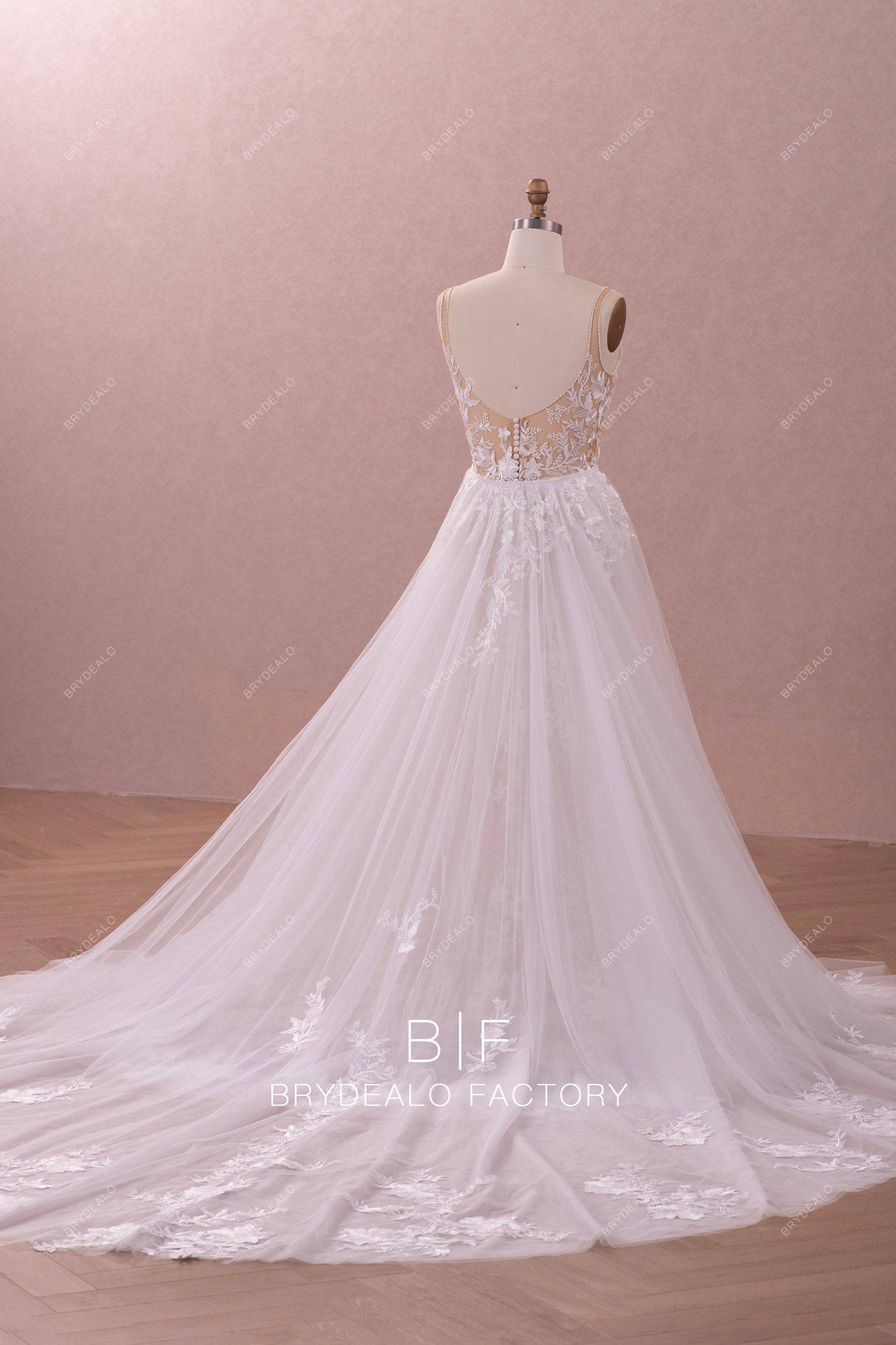 long detachable overskirt tulle open back wedding dress
