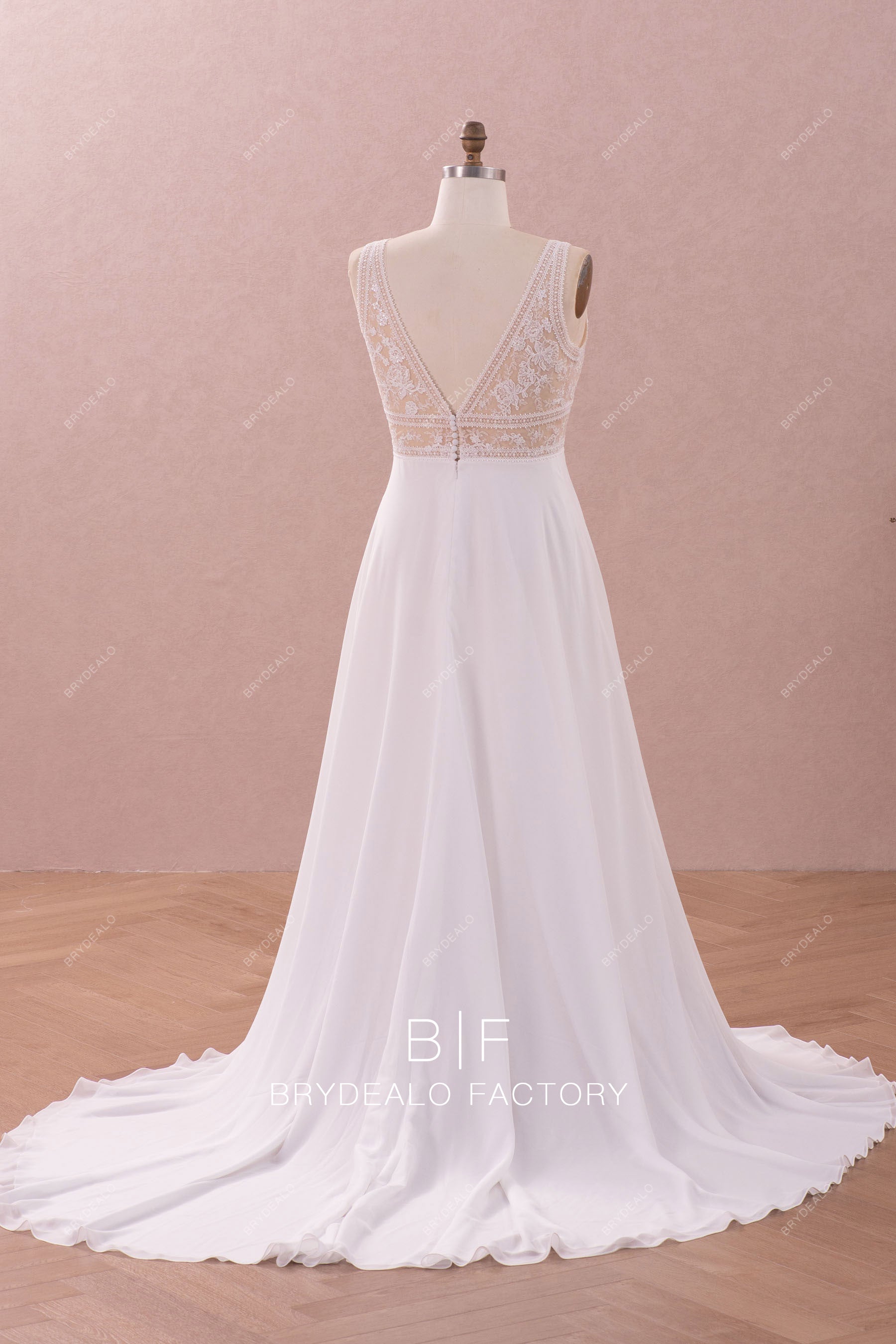 V-back long flowing chiffon summer wedding dress