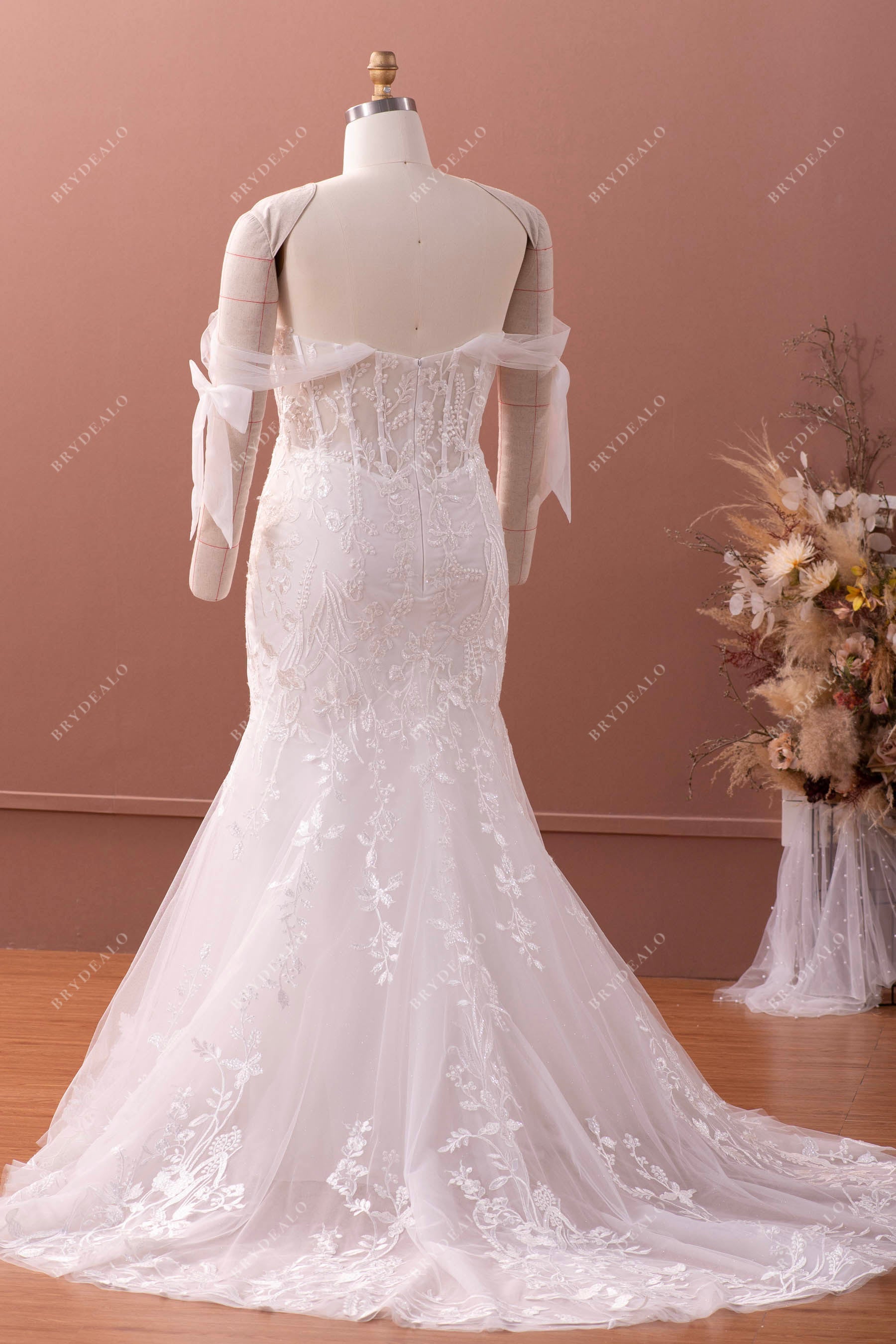 illusion back off shoulder designer  mermaid bridal gown