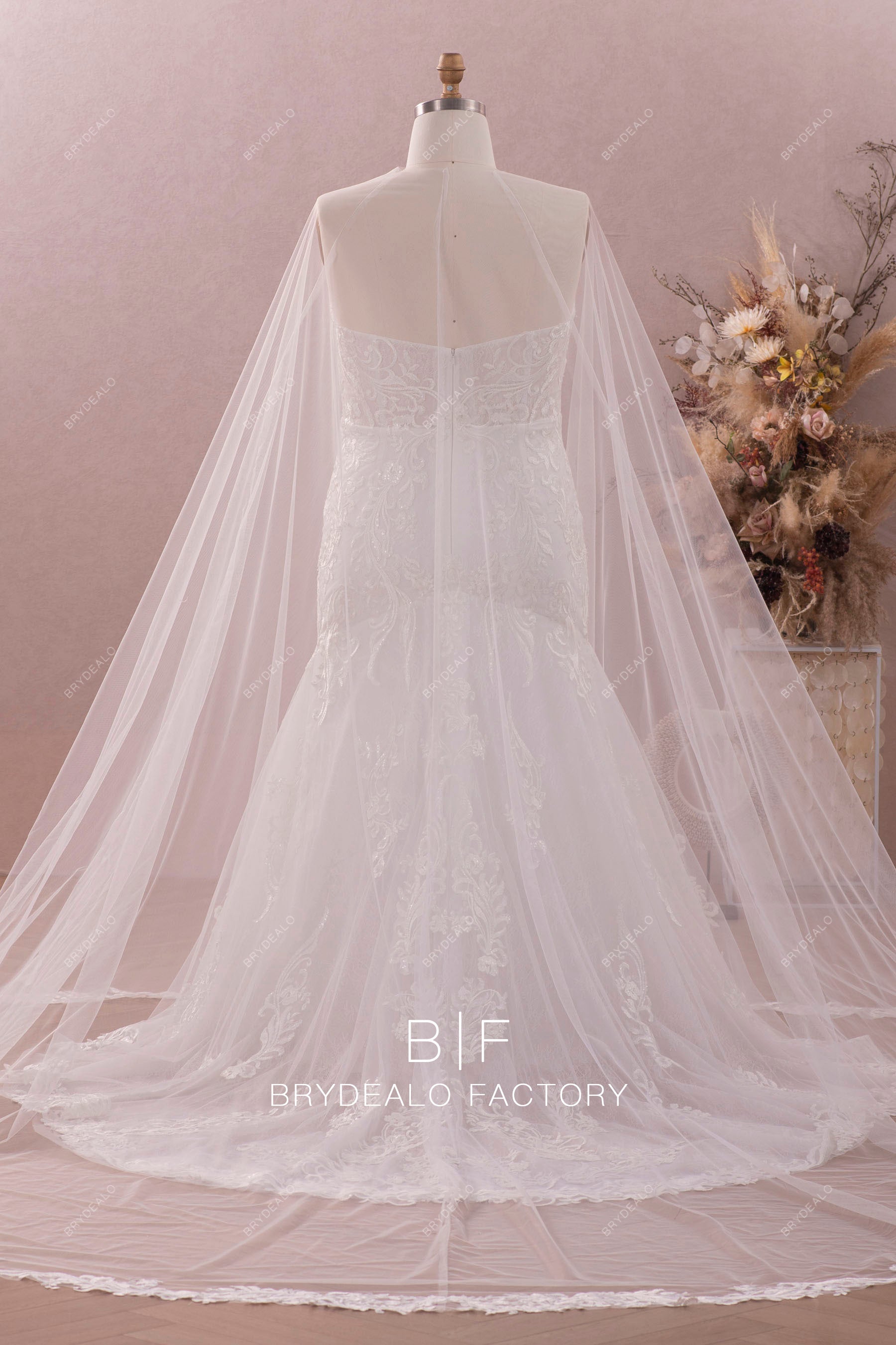 long train mermaid modern wedding dress with tulle cape