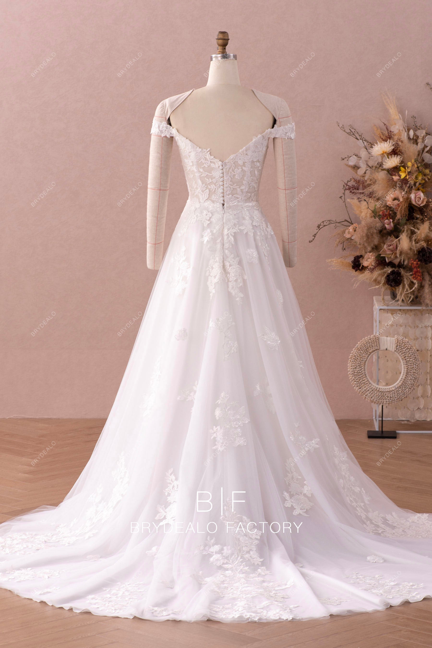 V-back off shoulder lace A-line wedding dress