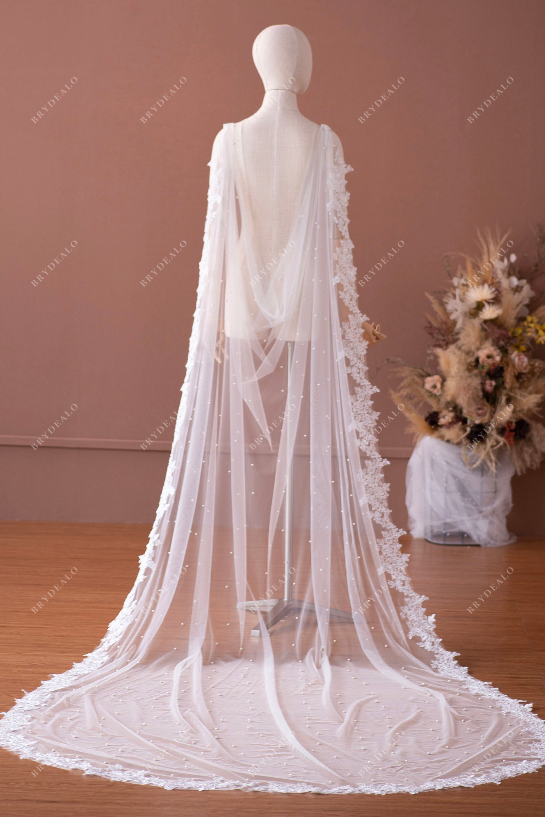 Elegant pearl lace bridal cape