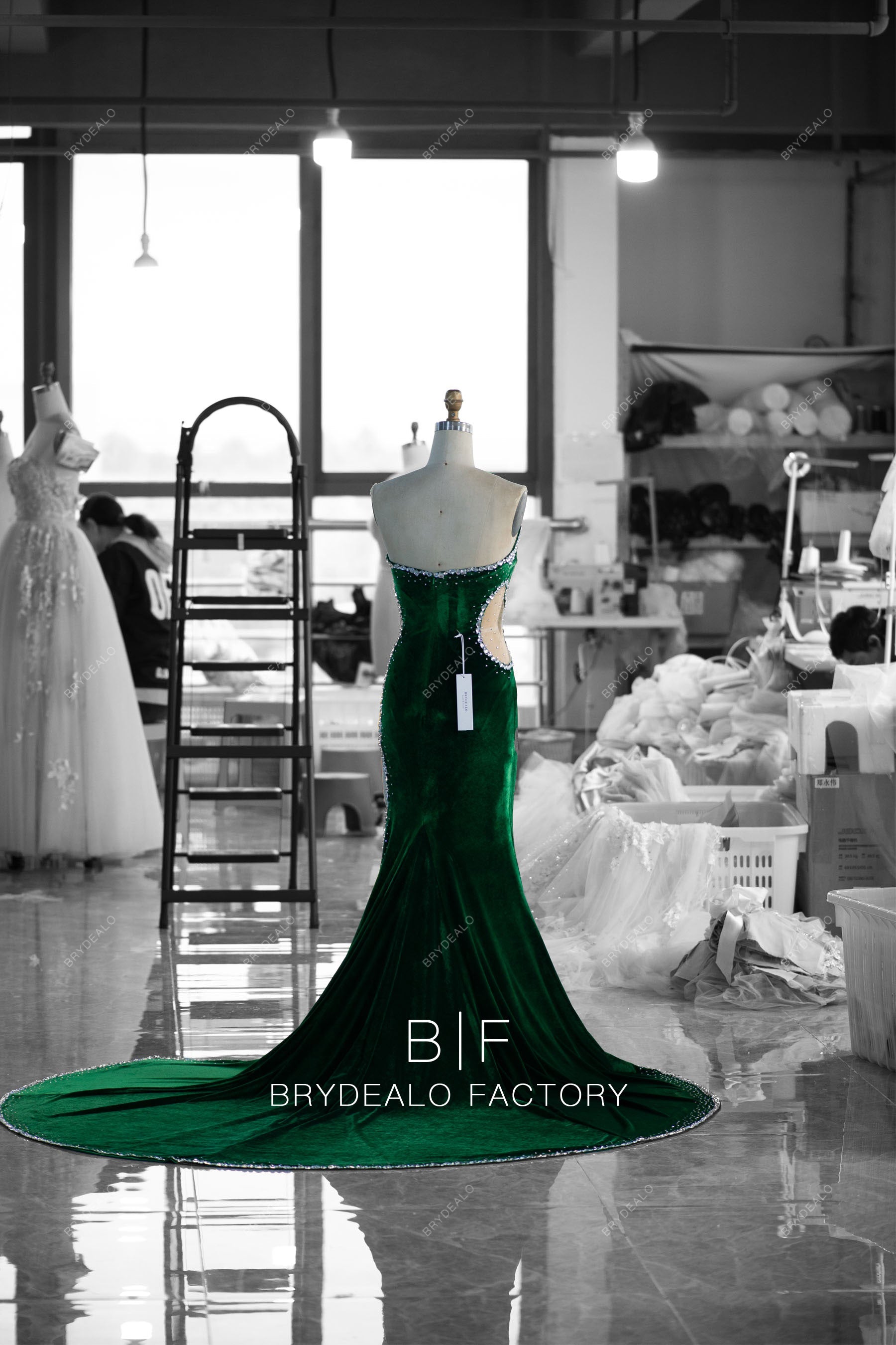 court train rhinestone emerald velvet prom dress