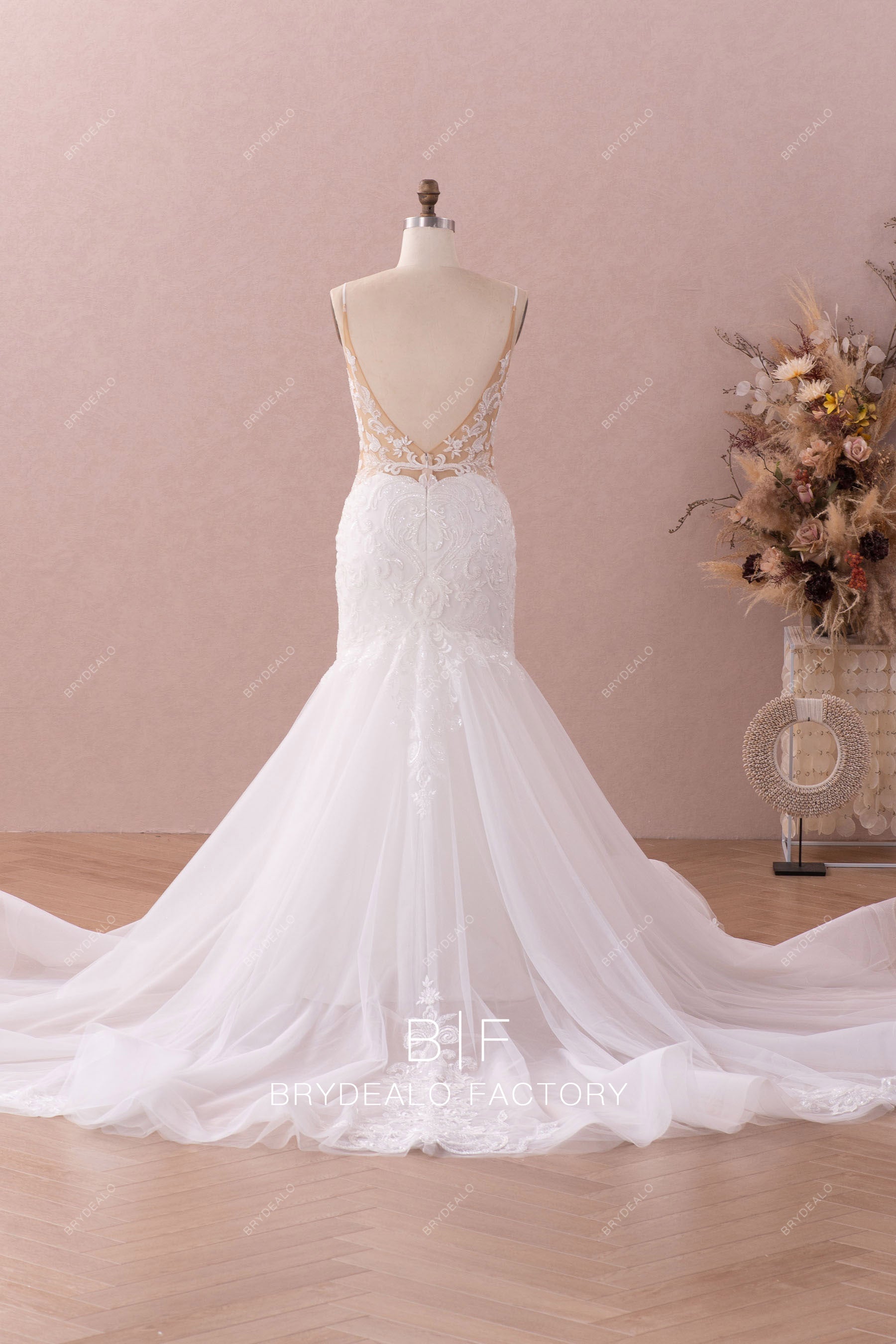 ruffled long train trumpet fall wedding dress
