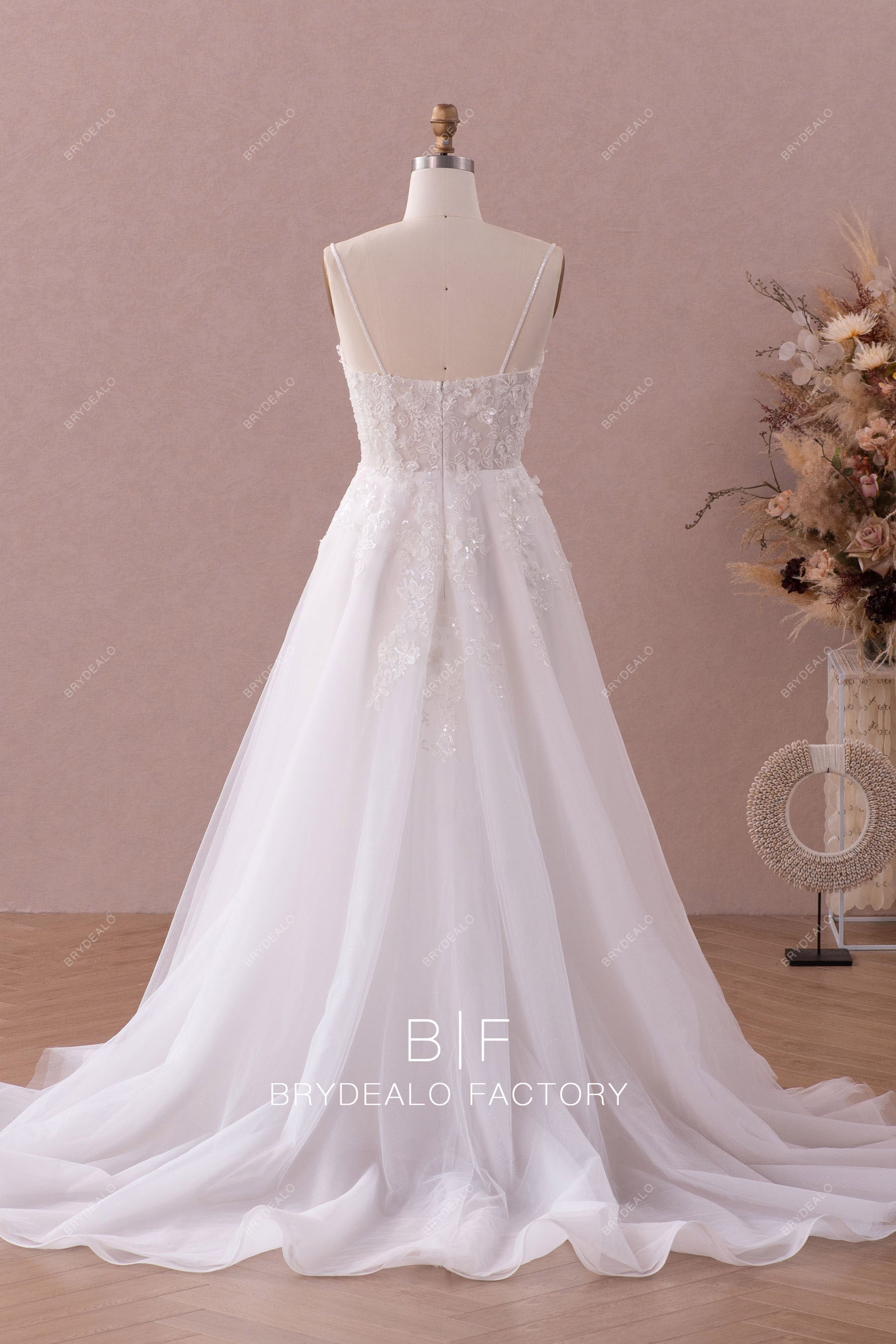 spaghetti straps shimmery train lace tulle wedding dress