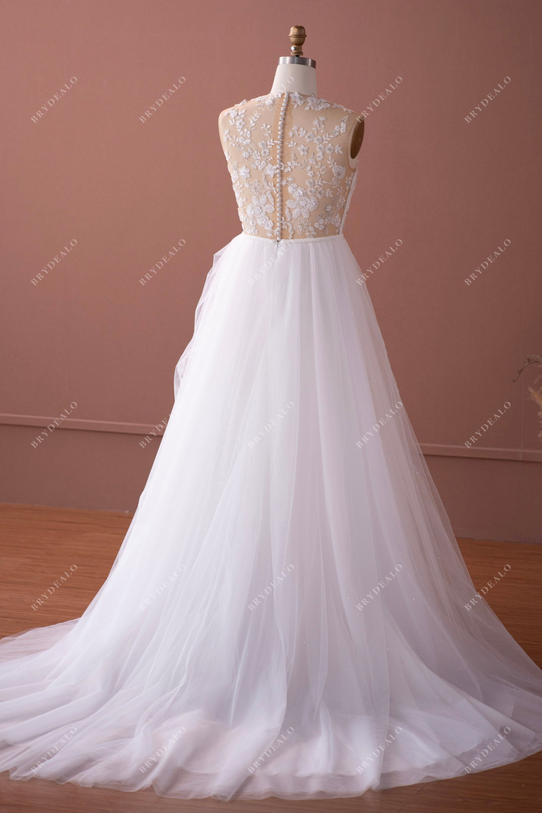 long train shimmery tulle illusion back sleeveless wedding dress