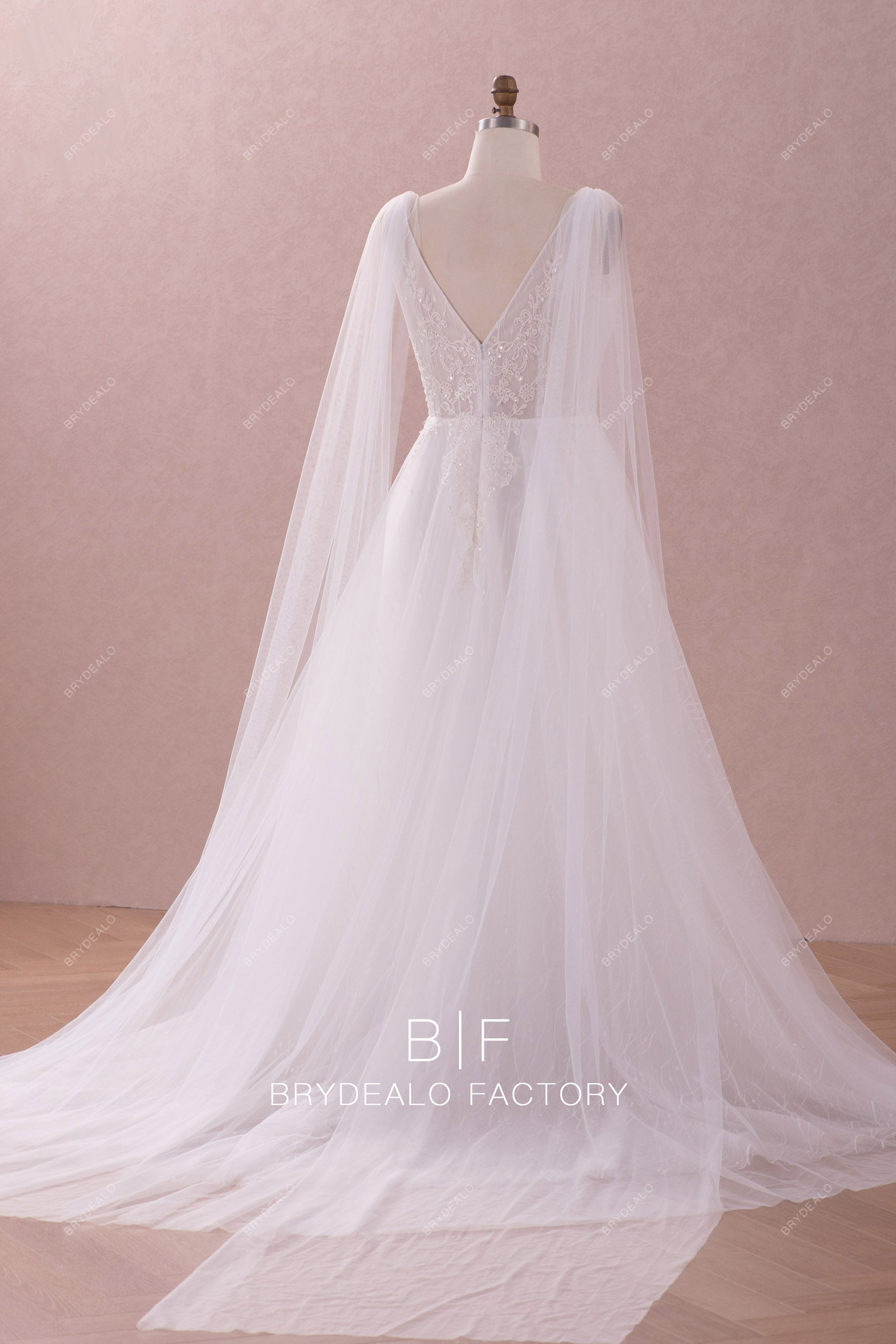 V-back long shoulder streamers lace wedding dress