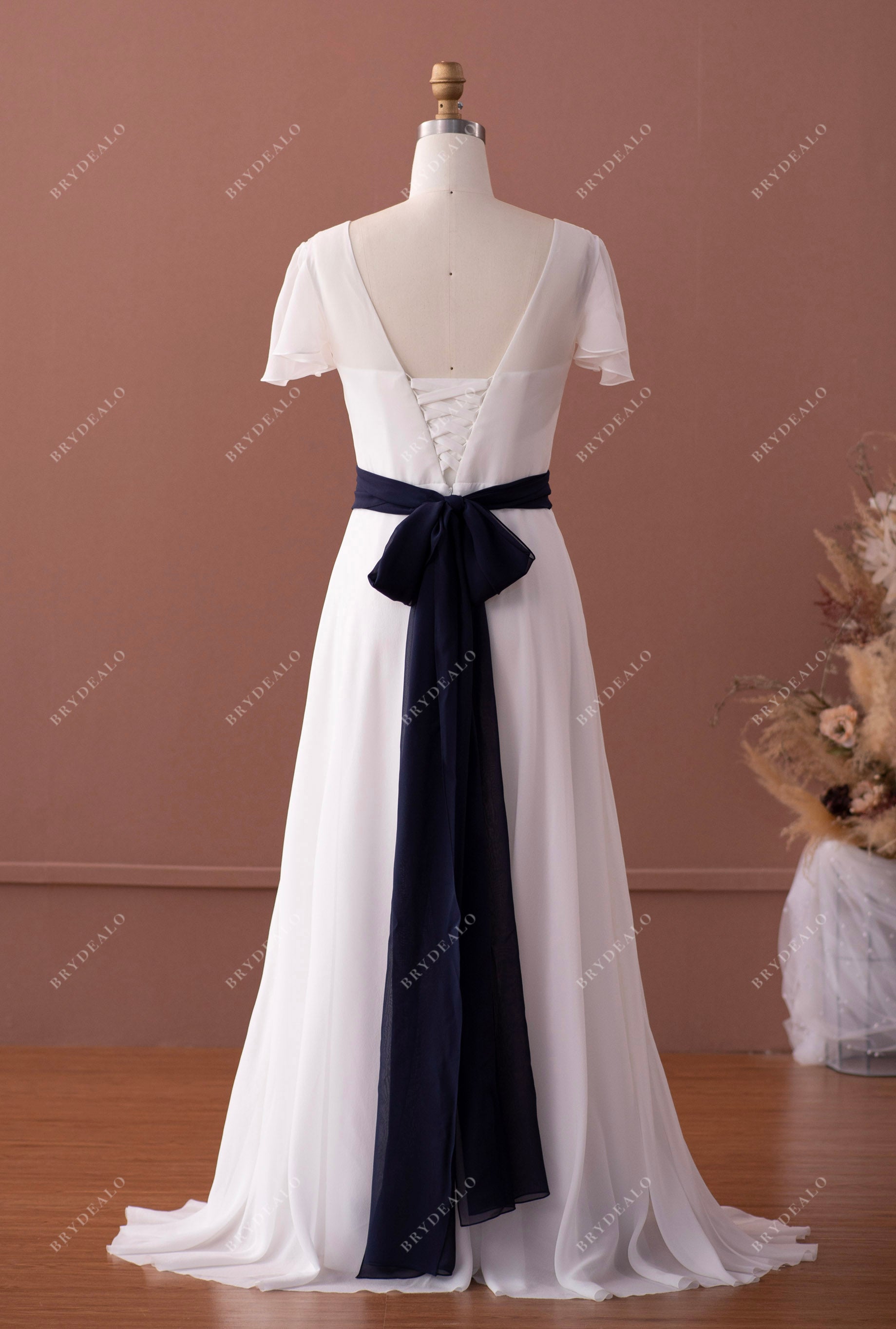 V-back designer silk summer beach bridal dress