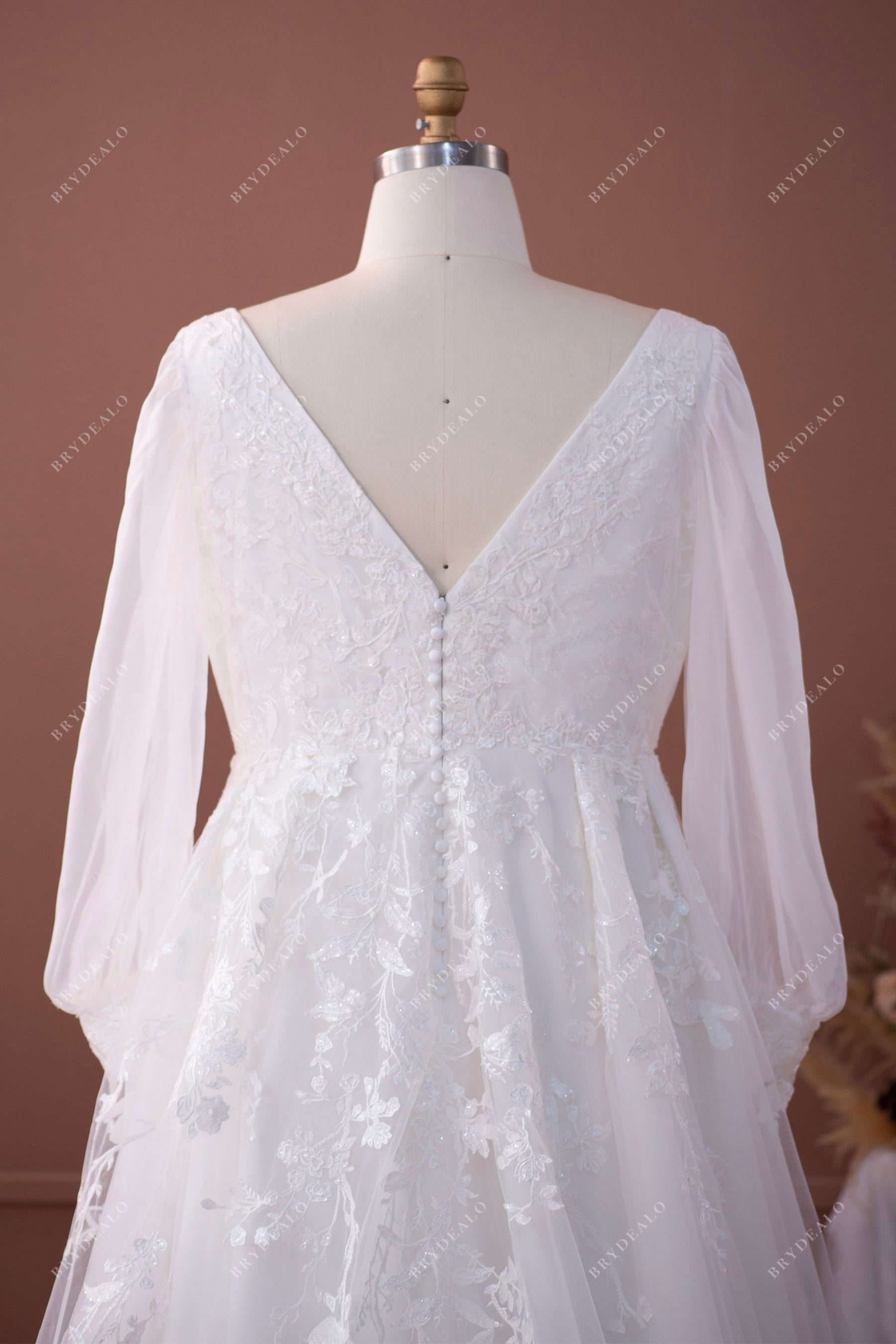 flowy lightweight V-back lace bridal gown