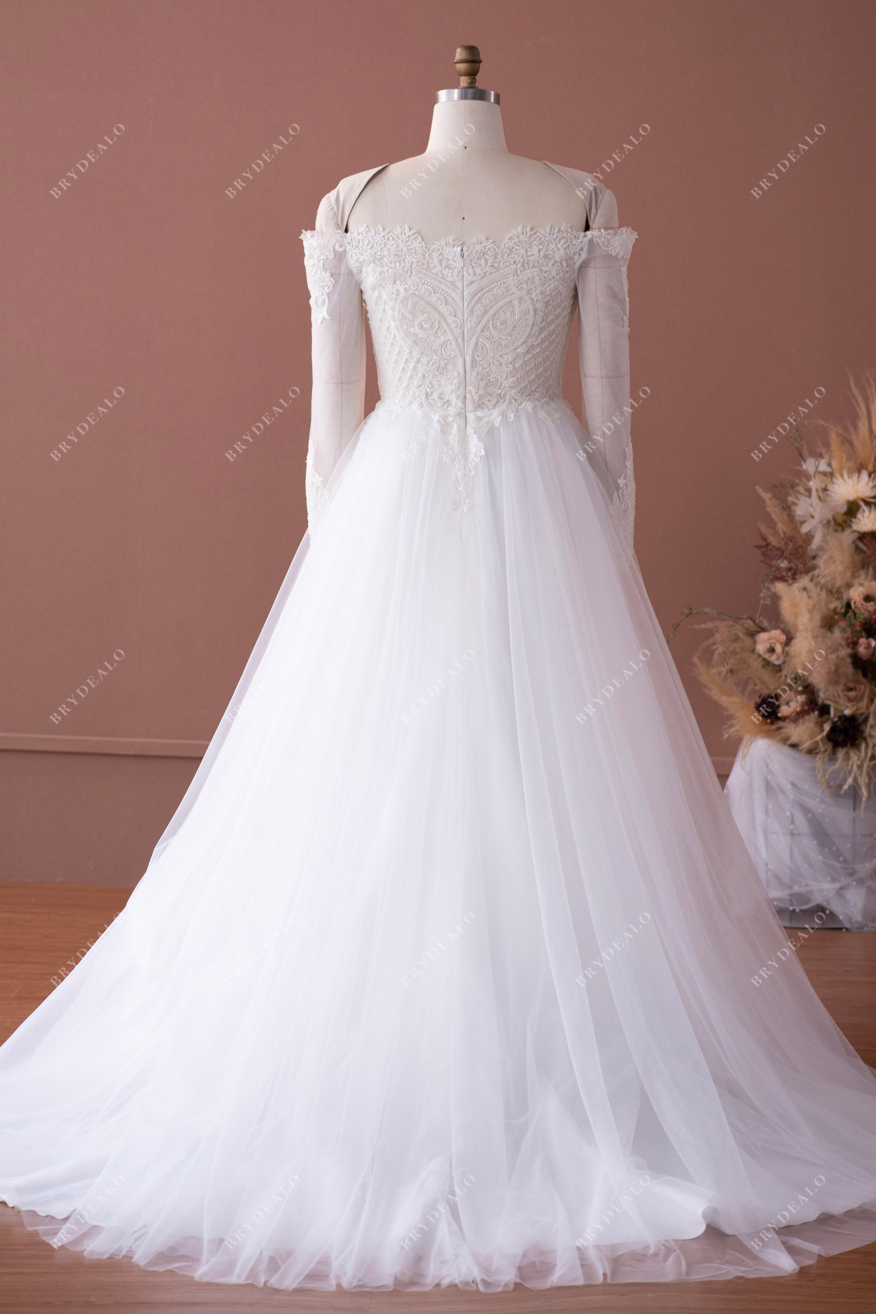 sheer long sleeve court train A-line outdoor wedding gown