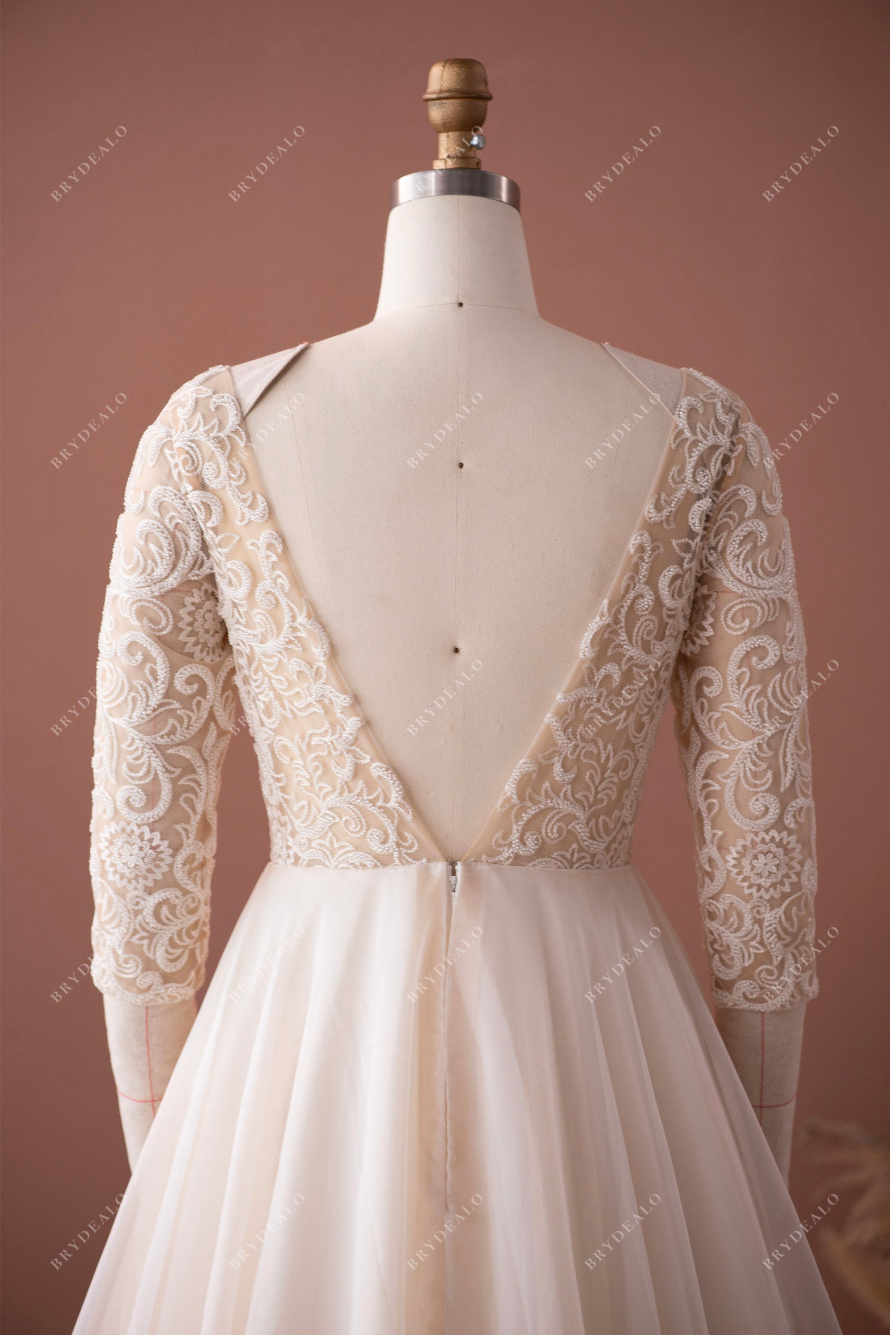sheer sleeve open back designer wedding dress