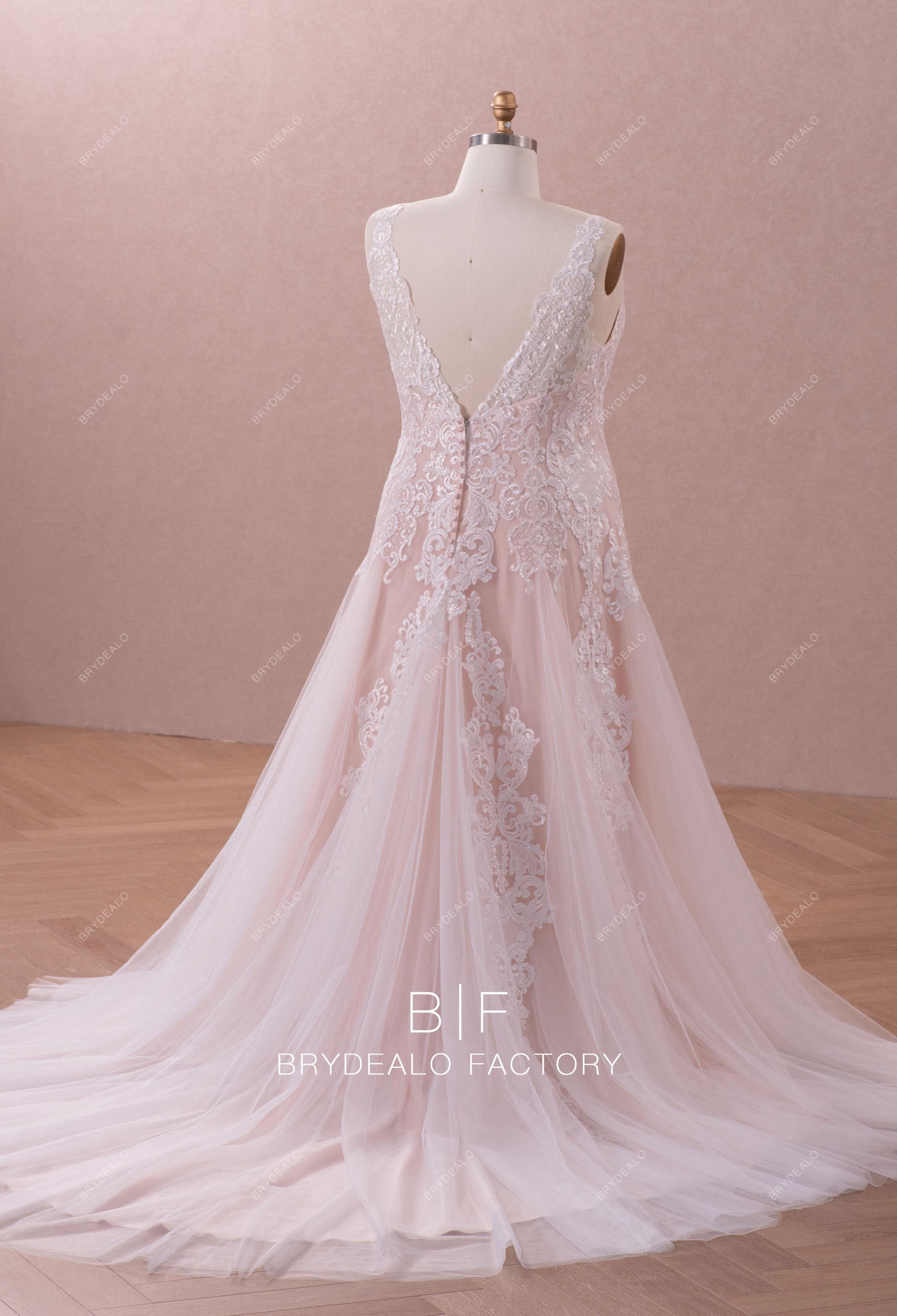 long train V-back elegant wedding gown