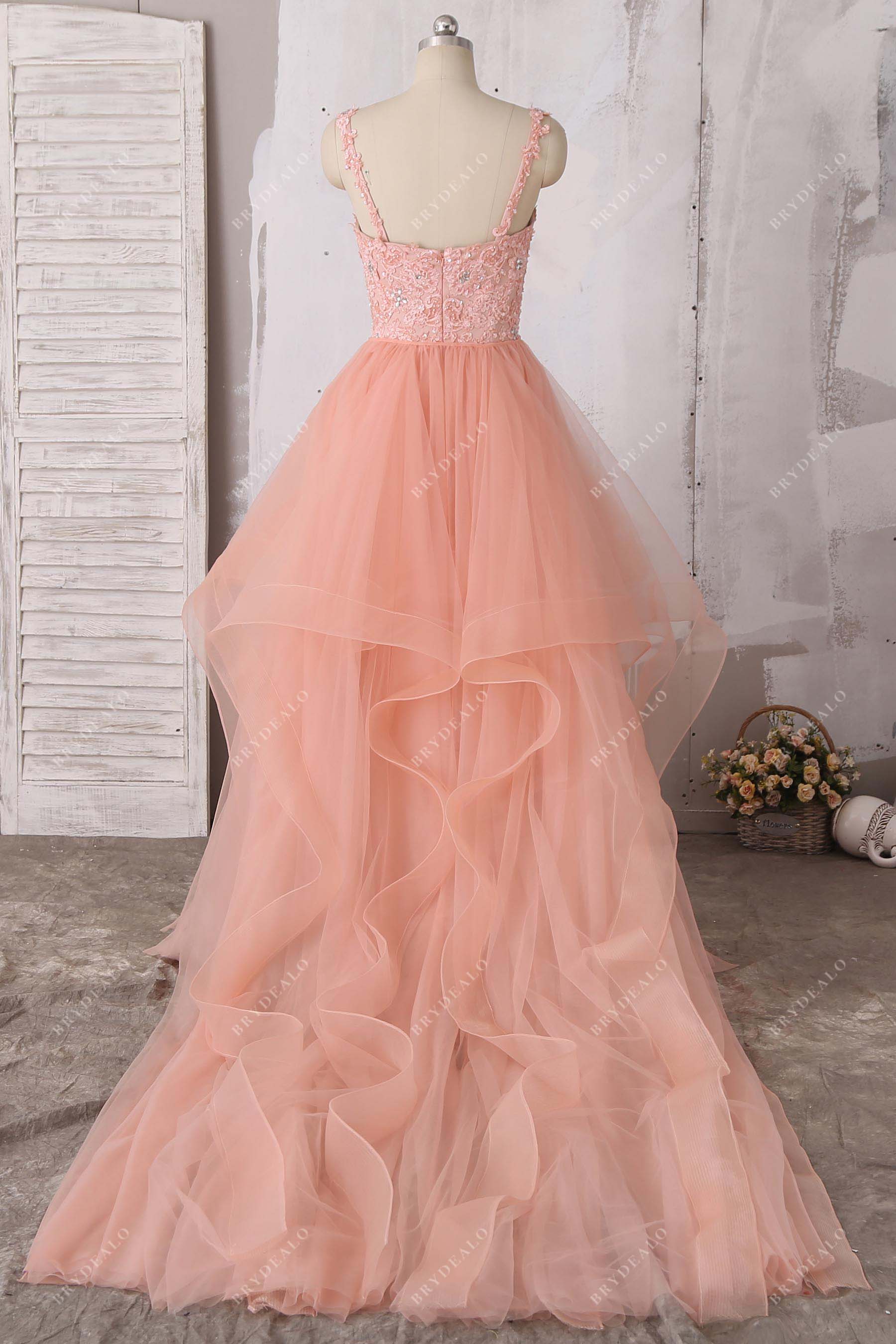 stylish long train peach tulle lace prom dress
