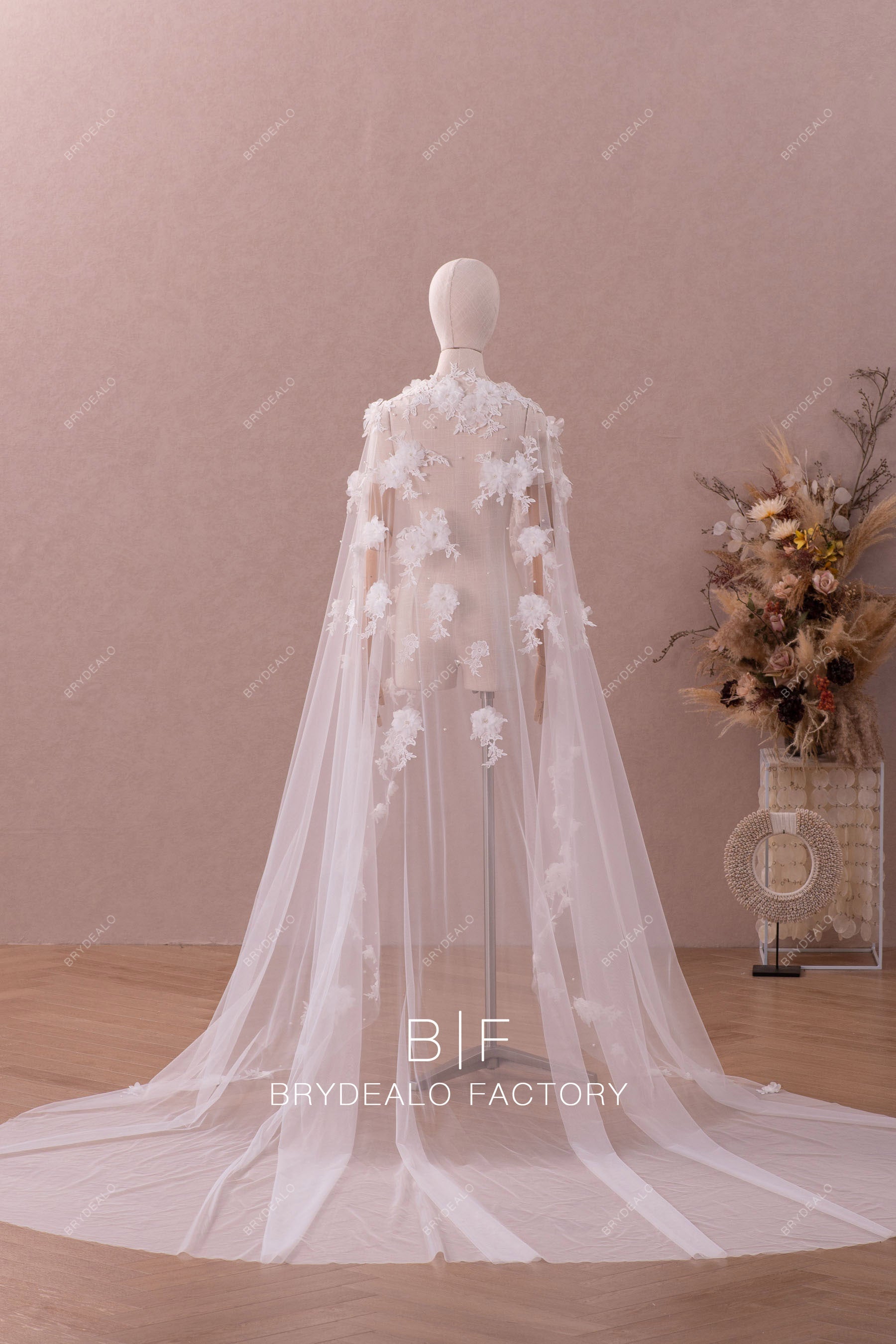 best long chapel train tulle cape with flowers