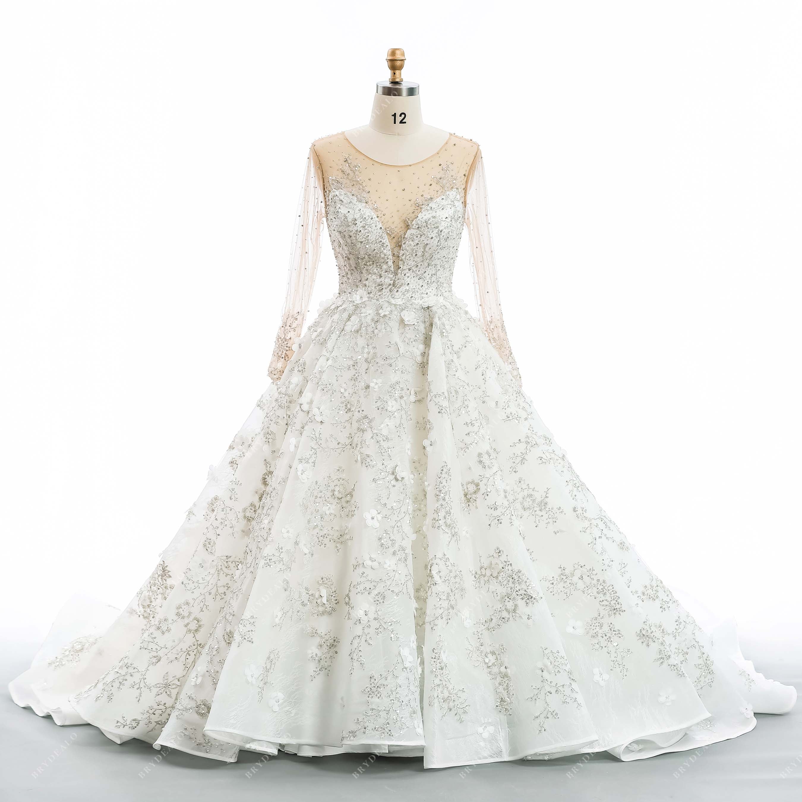 Luxury Lace Beaded Flower Illusion Neck Long Bridal Ball Gown