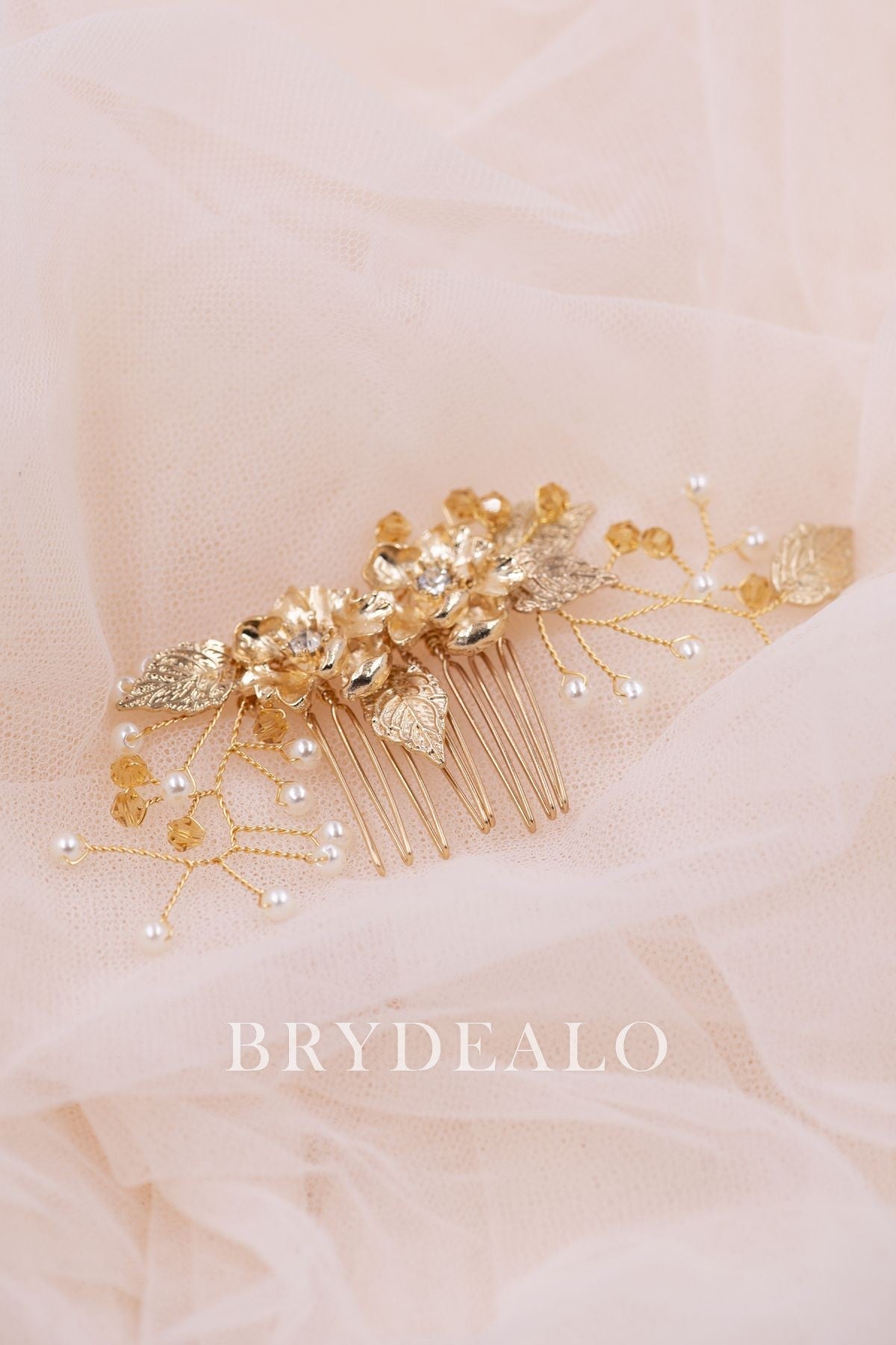 Luxury Pearls Gold Leaf Bridal Comb for Sale