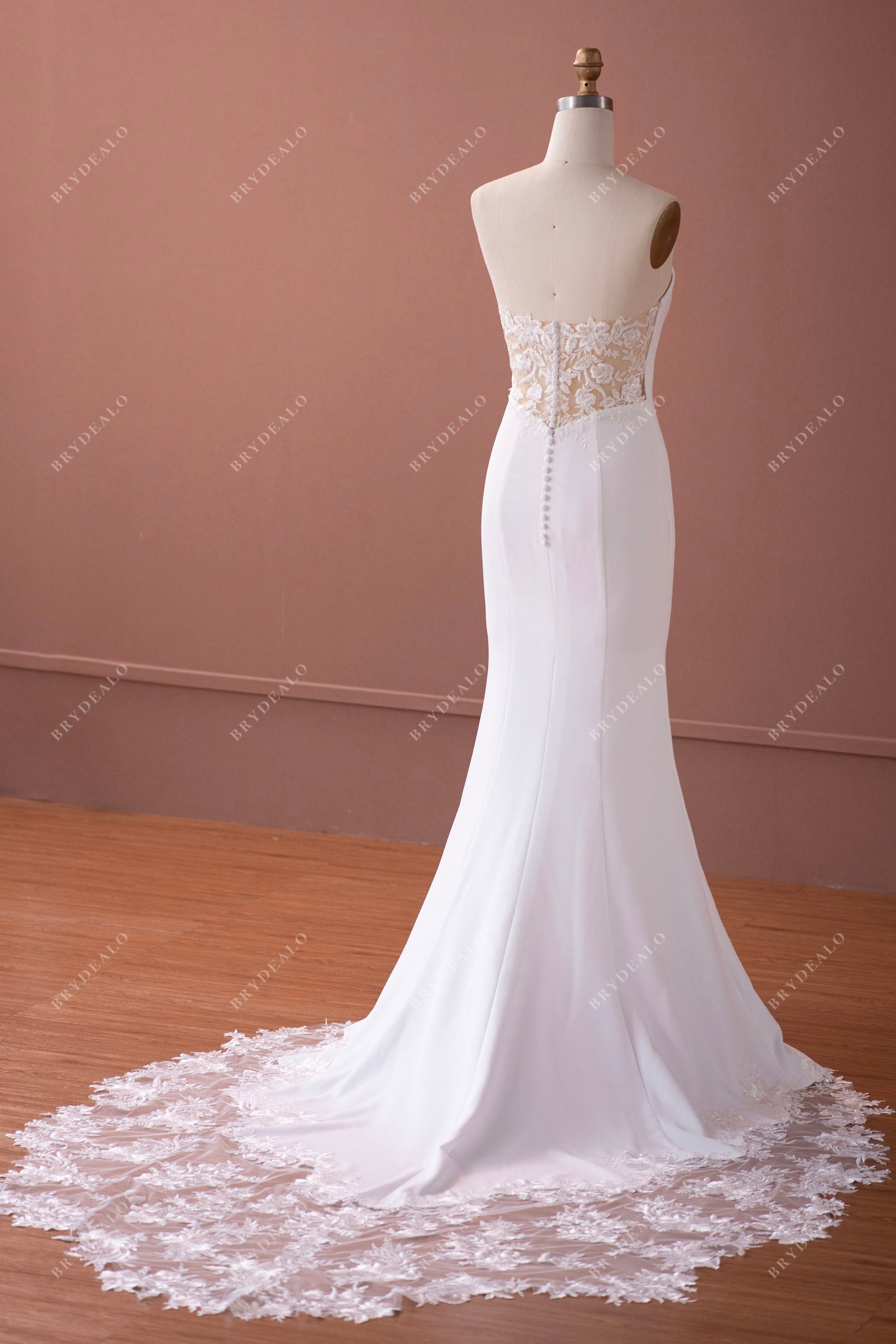 illusion lace back cutout train bridal gown