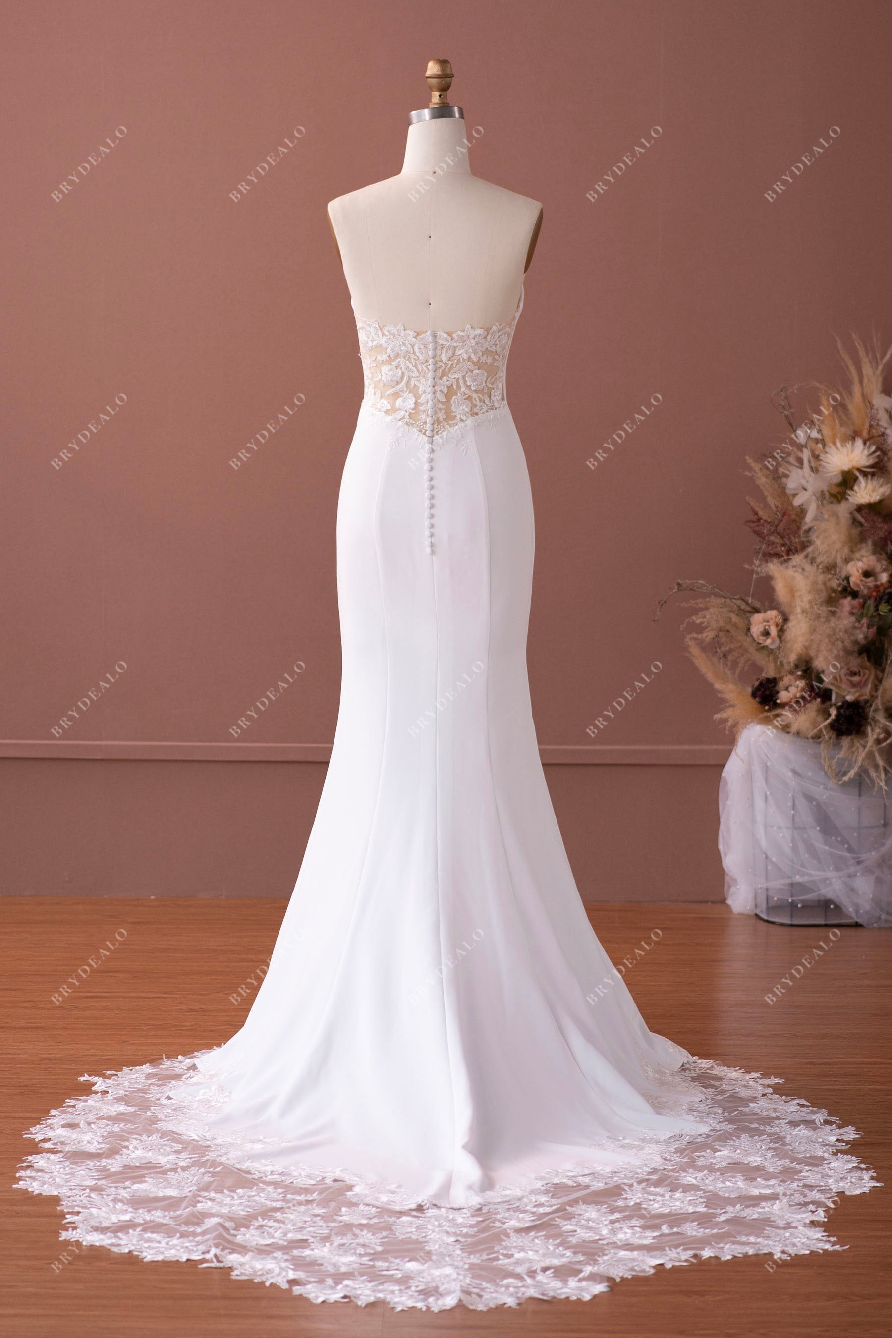 charming mermaid strapless crepe lace bridal gown