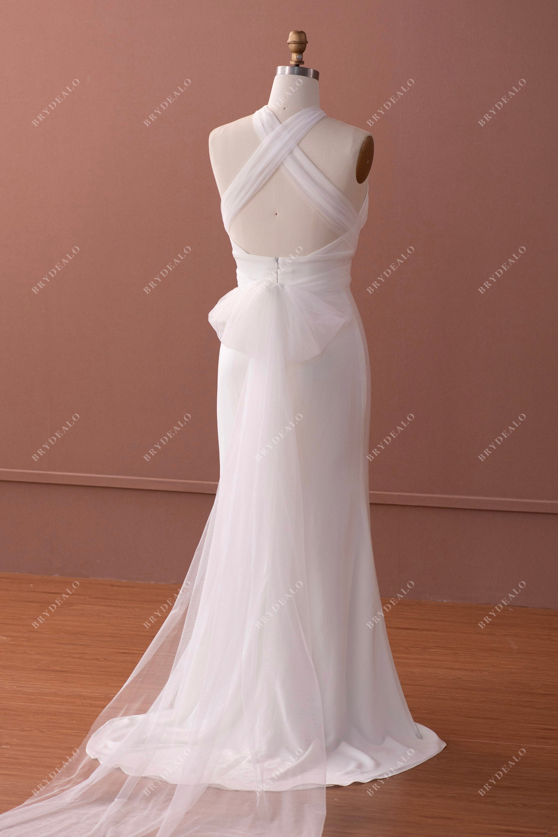 criss-cross back mermaid stretchy satin casual bridal gown