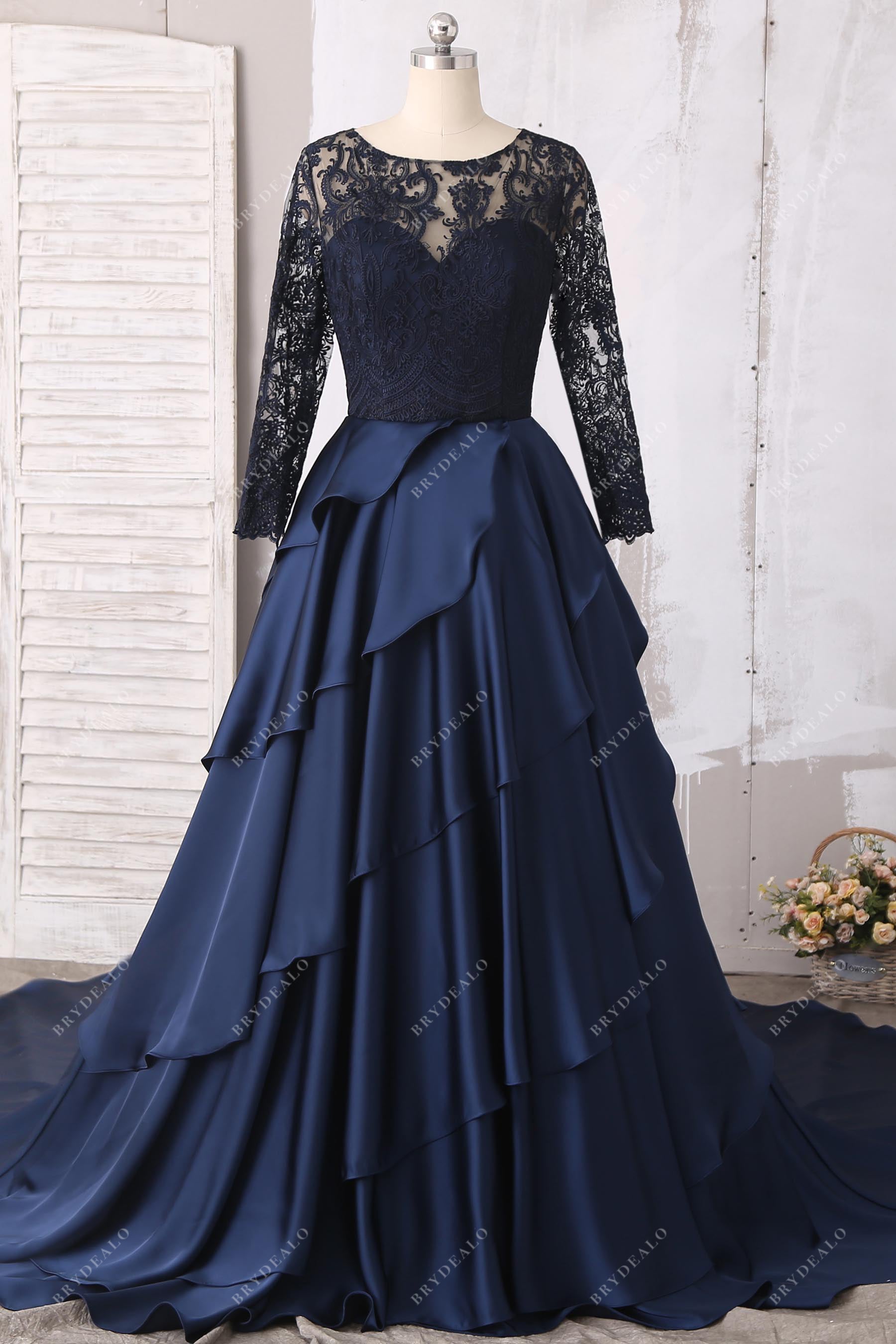 navy beaded lace boat neck long sleeves ruffled satin ball gown wedding dress