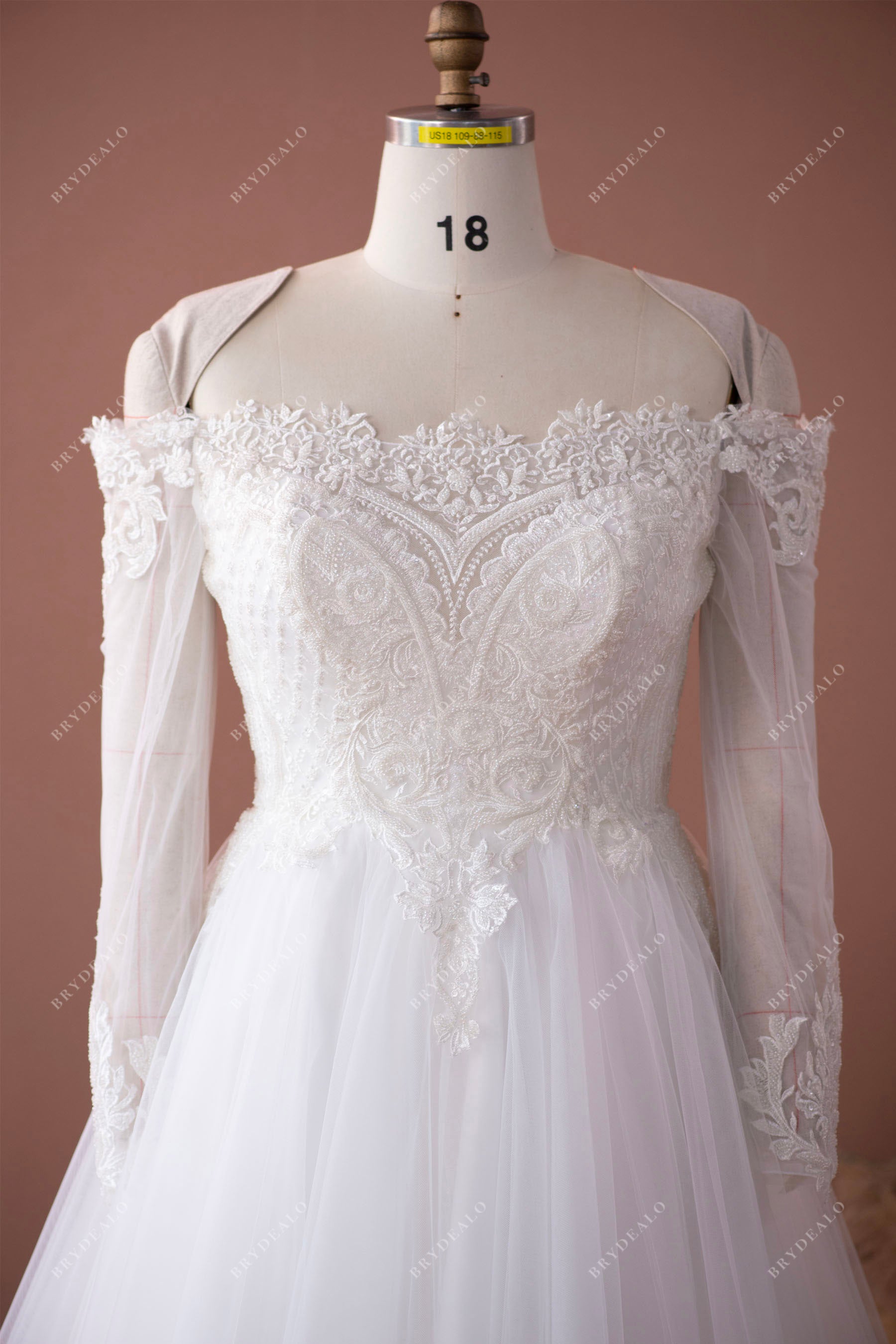 off shoulder lace sheer sleeves designer wedding dress