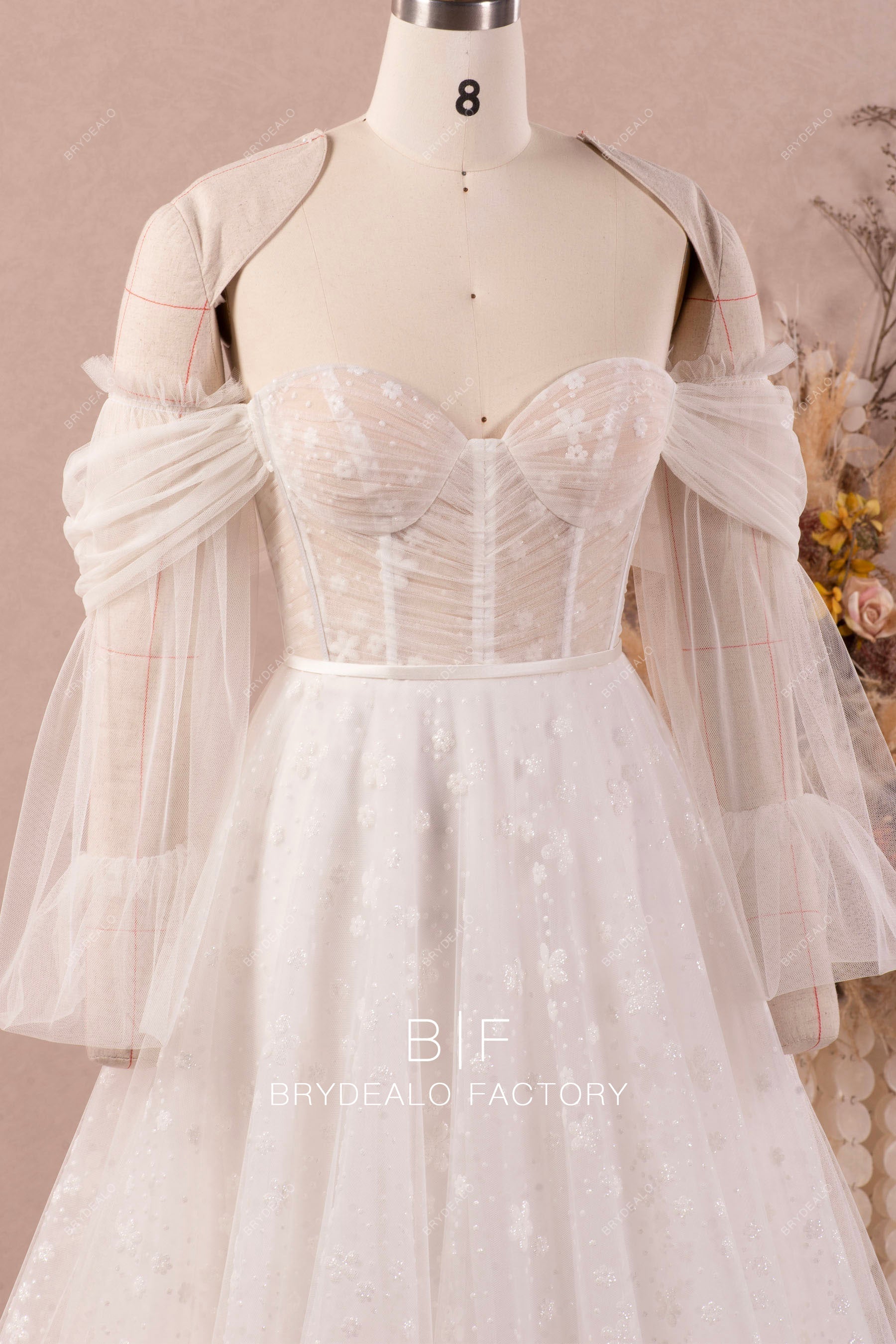 off shoulder detachable sleeve corset designer wedding dress