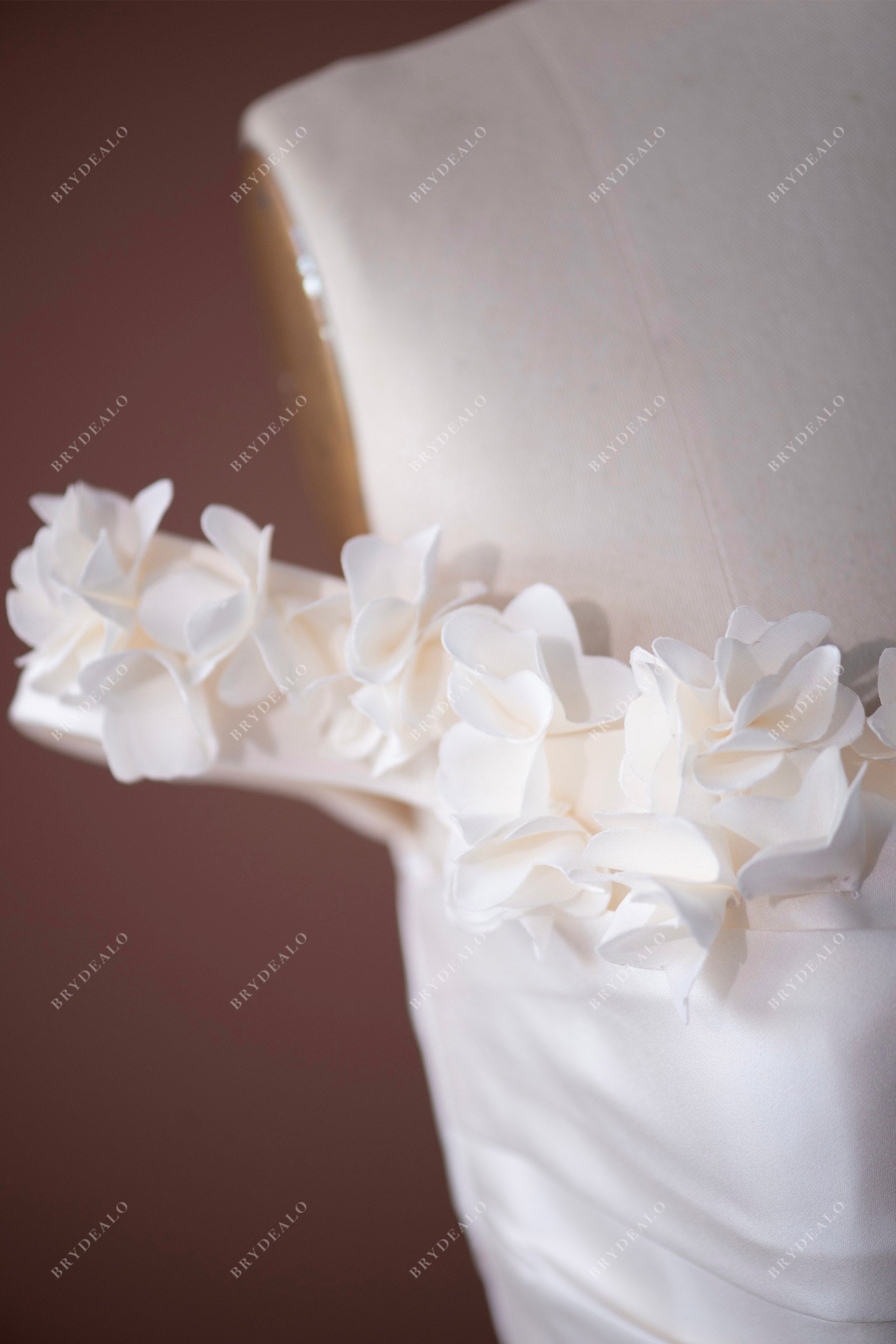 hand-made 3D flowers off shoulder wedding gown