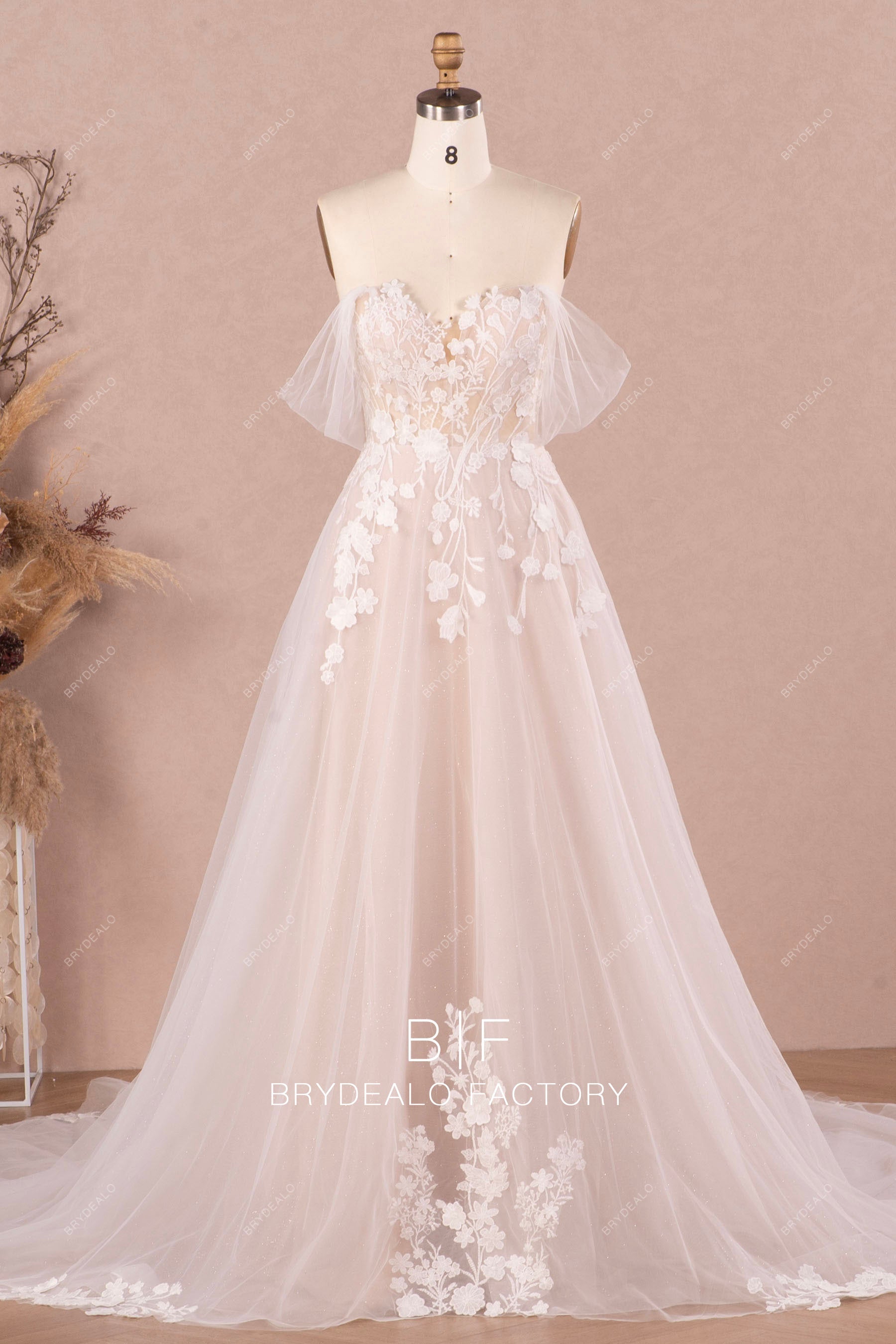 designer off shoulder flower lace tulle wedding dress