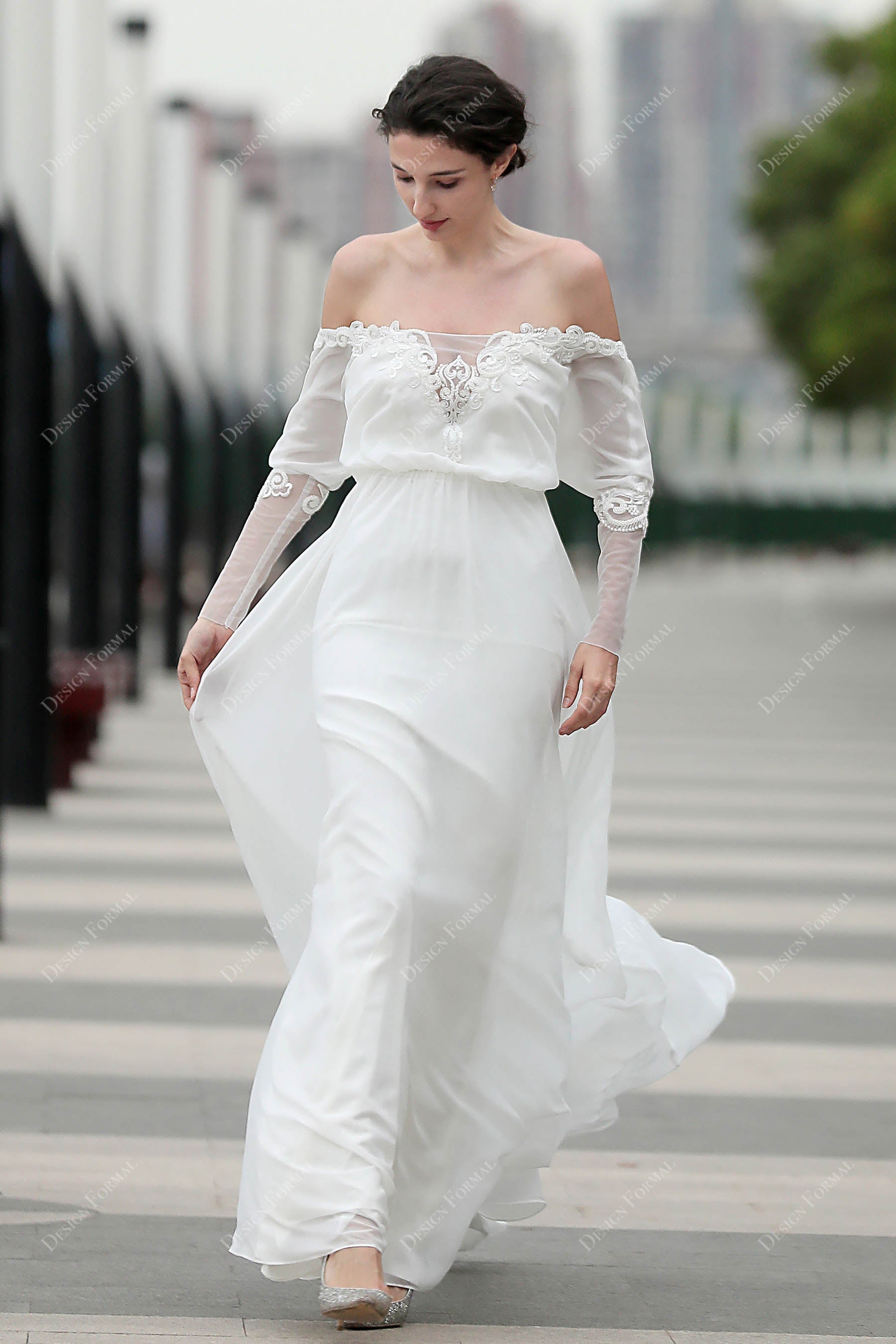 off-shoulder straight neck long sleeves chiffon beach wedding dress