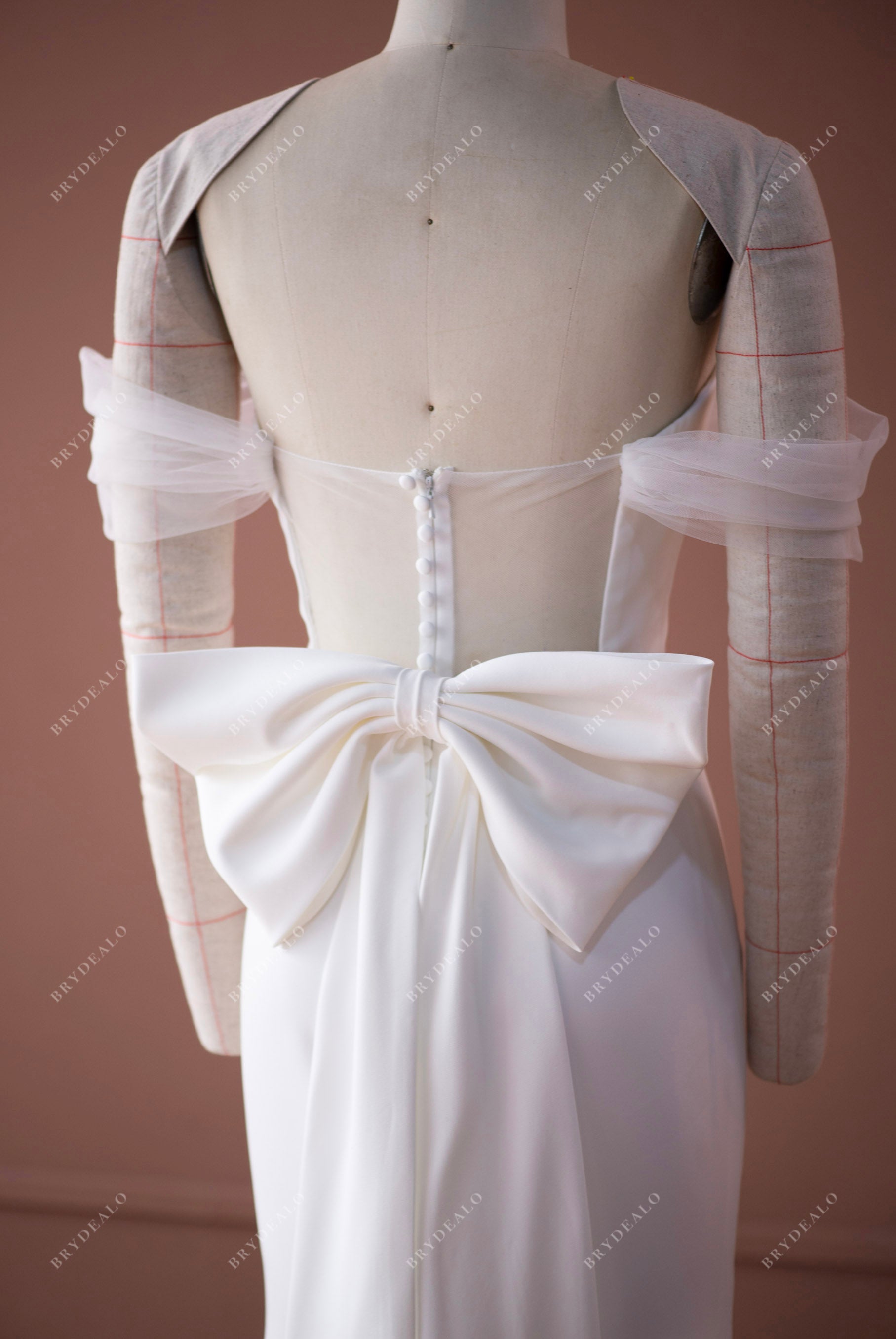 off-shoulder sheer back pretty bow wedding dress