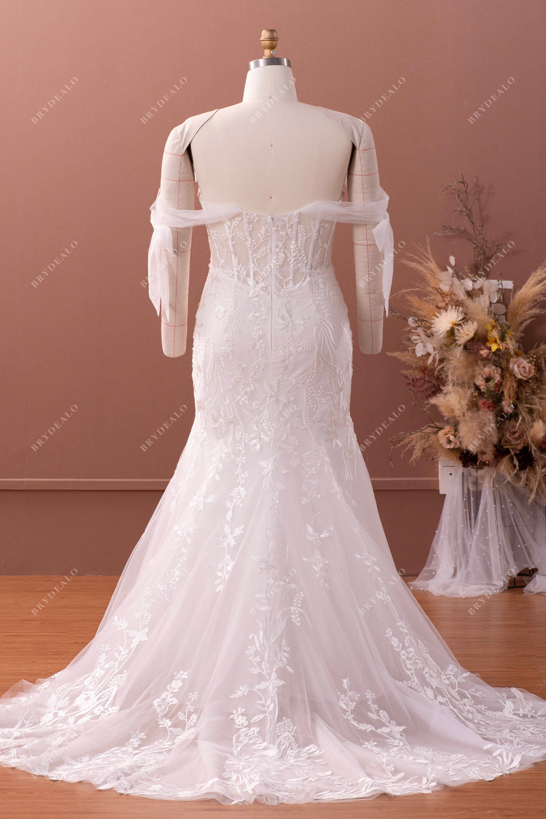 elegant long train lace tulle  bridal gown