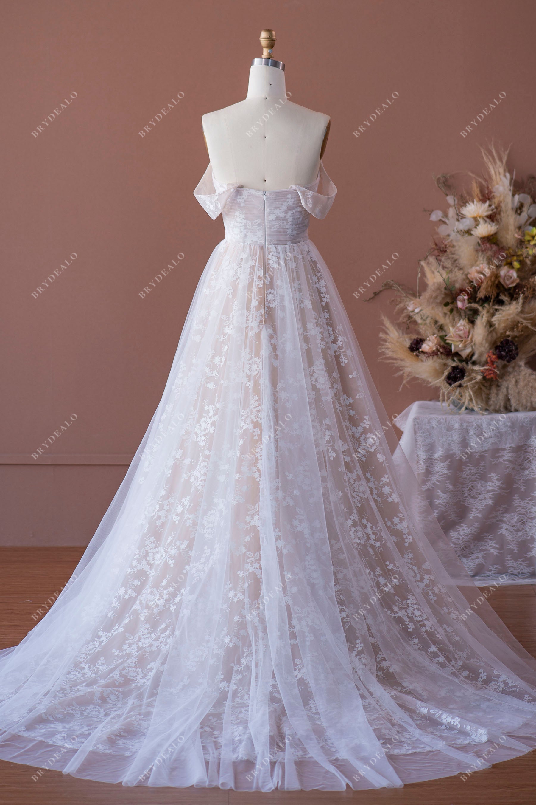 off-shoulder A-line tulle colored bridal dress