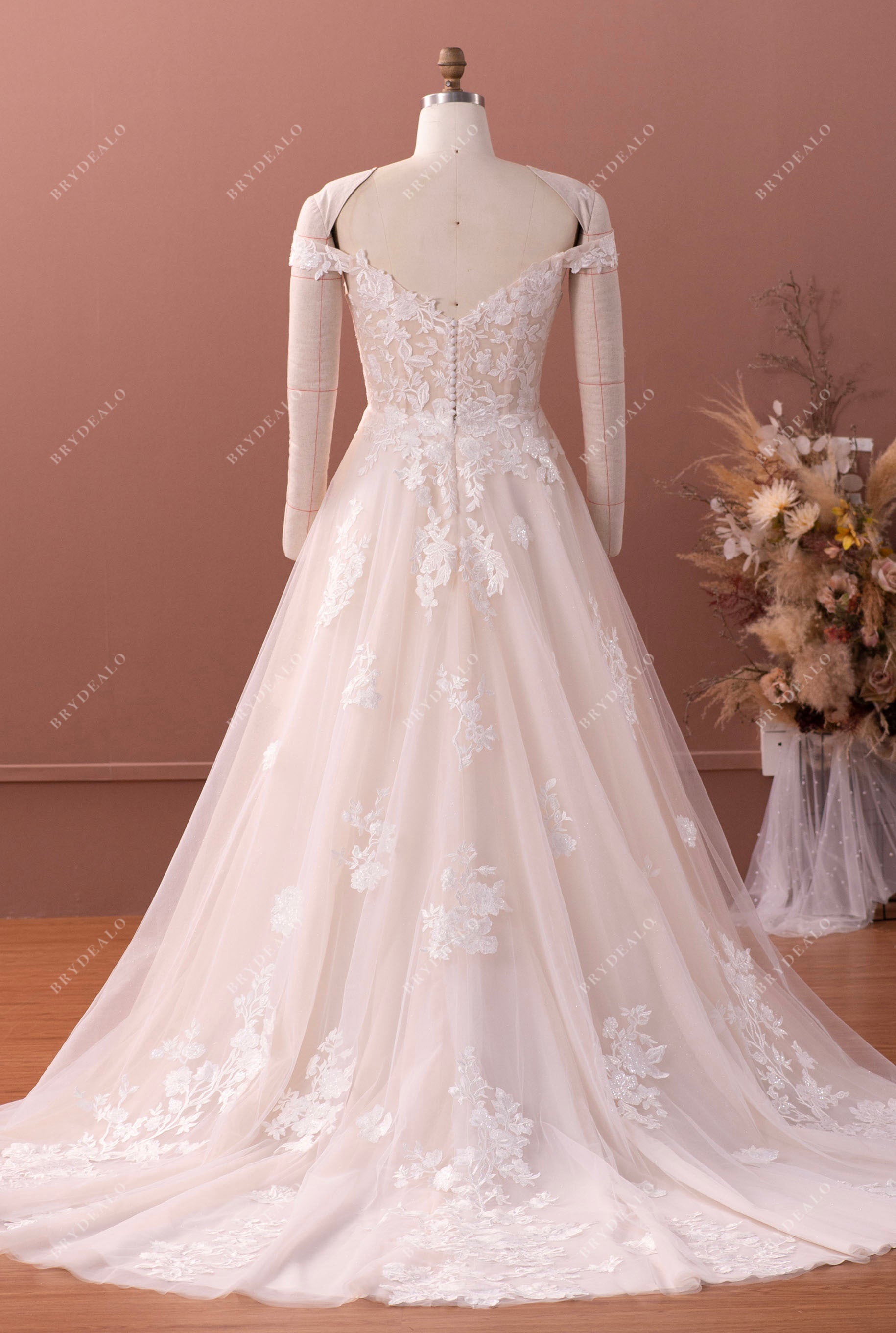 champagne off shoulder lace A-line fall wedding dress