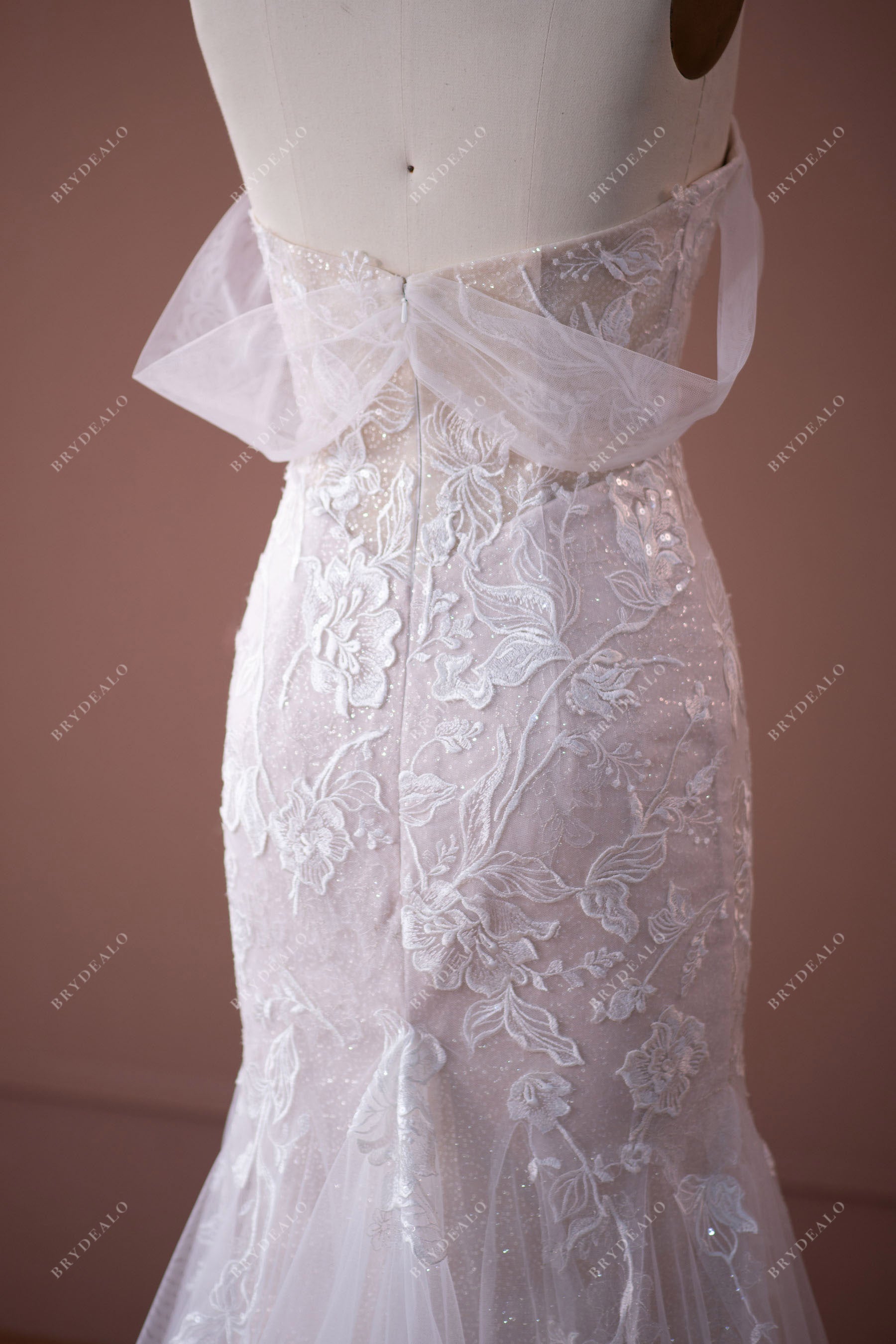 Shimmery Off Shoulder Lace Outdoor Mermaid Wedding Gown