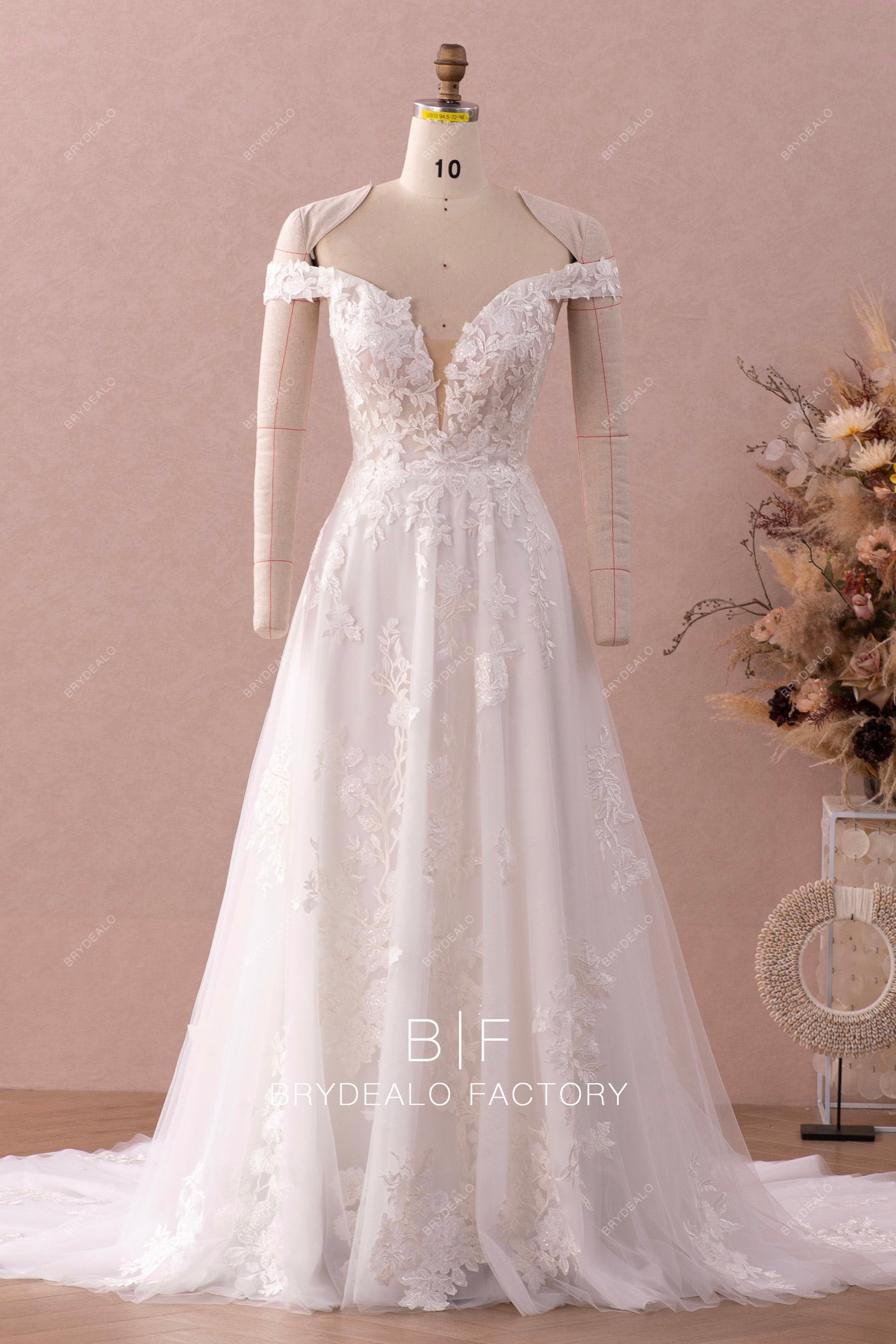 off shoulder cap sleeveless lace shimmery summer wedding dress