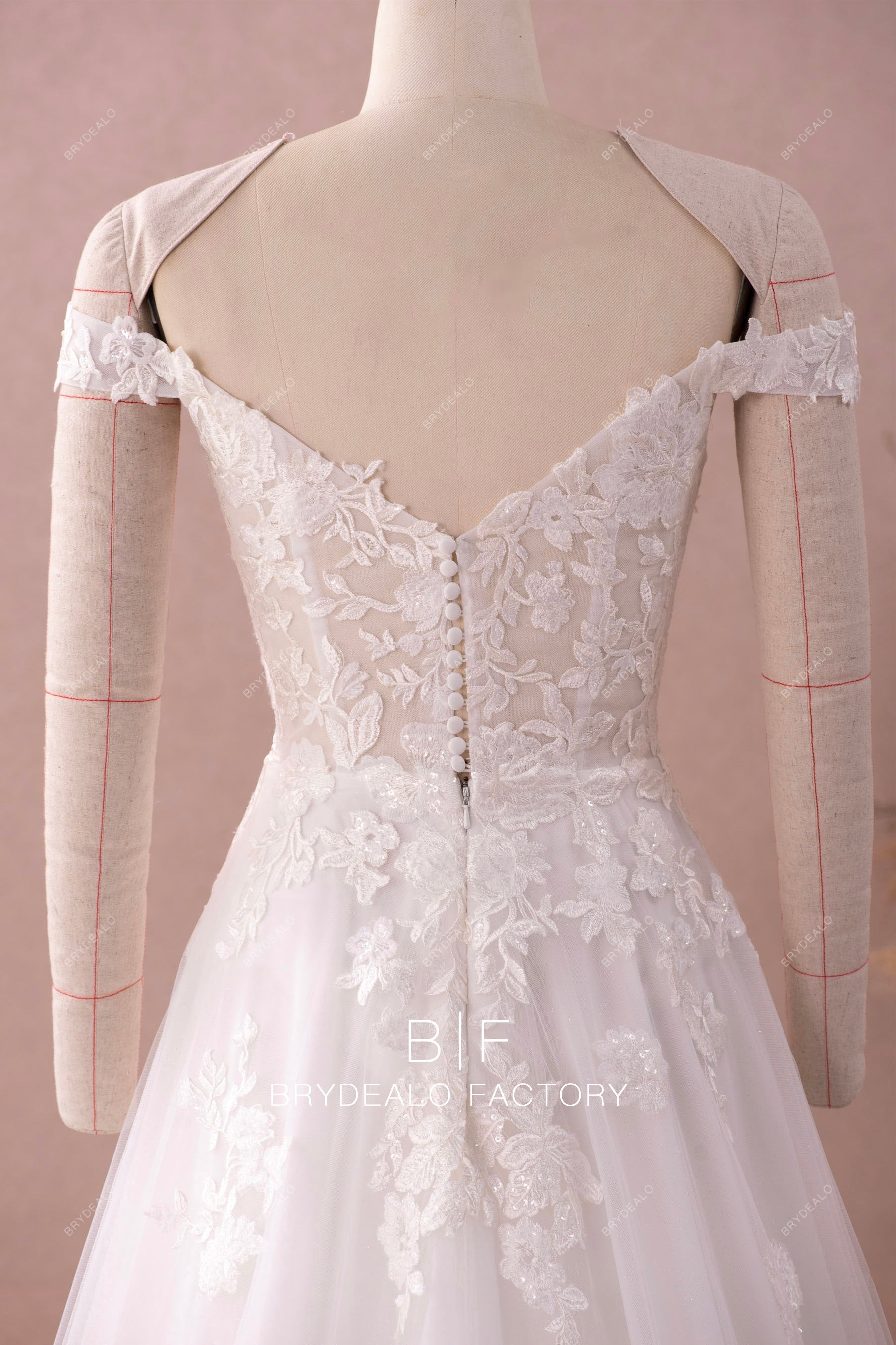 off shoulder V-back lace bridal gown